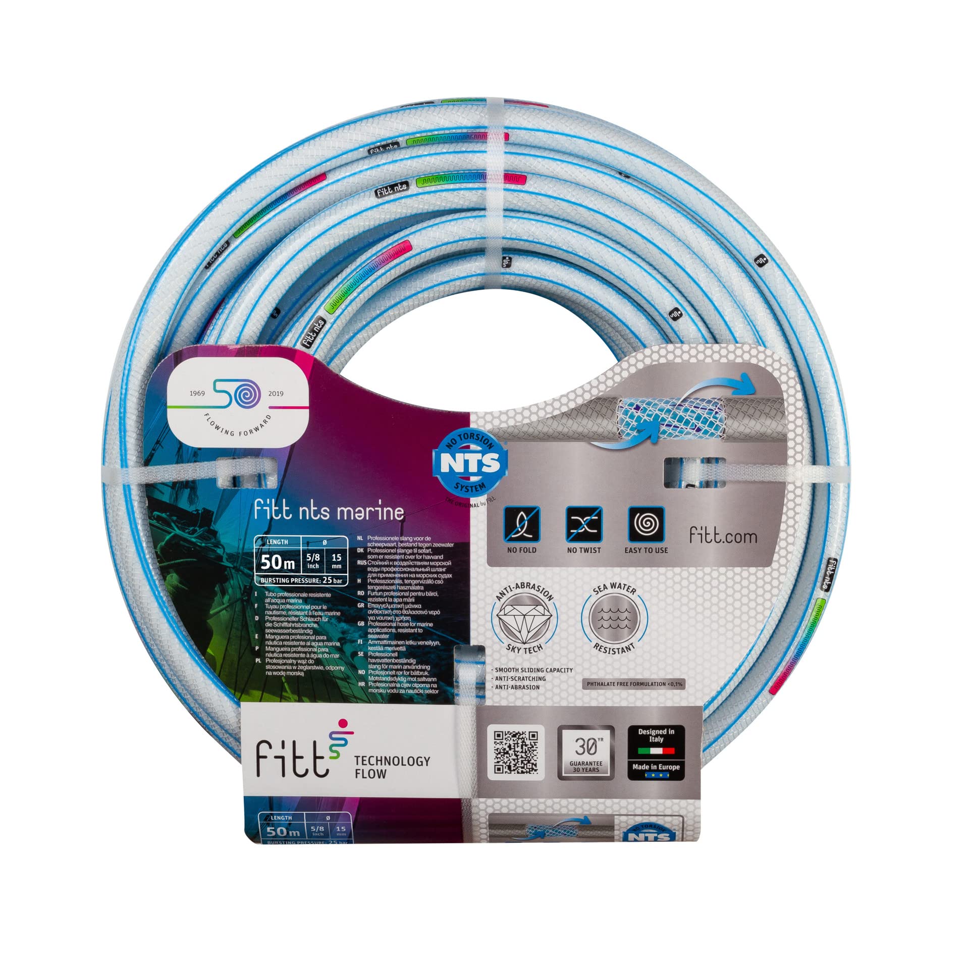 FITT NTS MARINE 5/8" 50m, Tubo per Nautica adatto a Barche Darsene Porti Piscine e Impianti Sportivi. Robusto per Uso anche con Acqua Marina