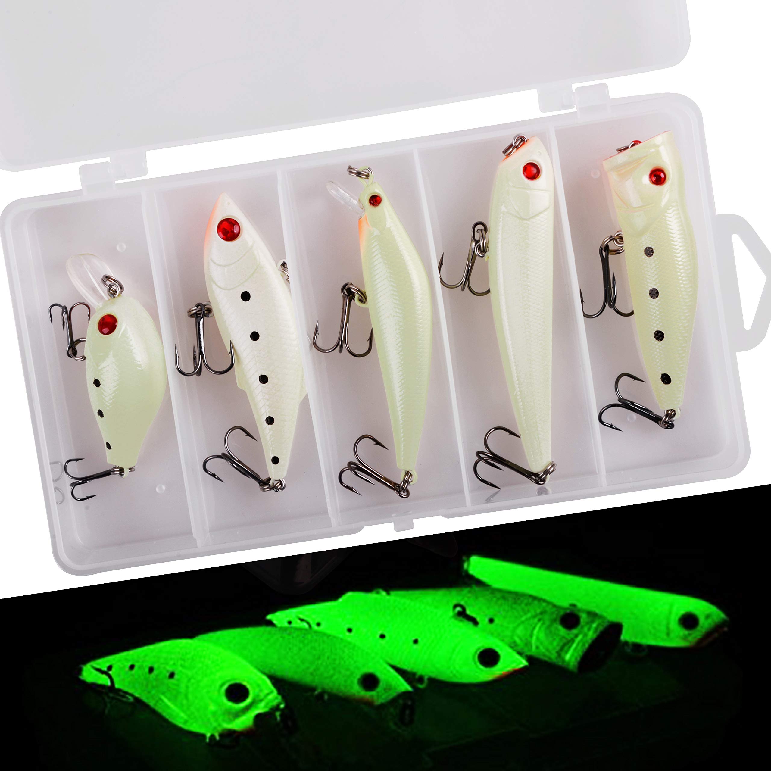 OROOTL Glow Fishing Lures Kit Luminous VIB Popper Crank Minnow Pencil for Night Fishing Glow in The Dark Artificial Hard Baits with Treble Hook for Bass Trout Catfish Saltwater Freshwater