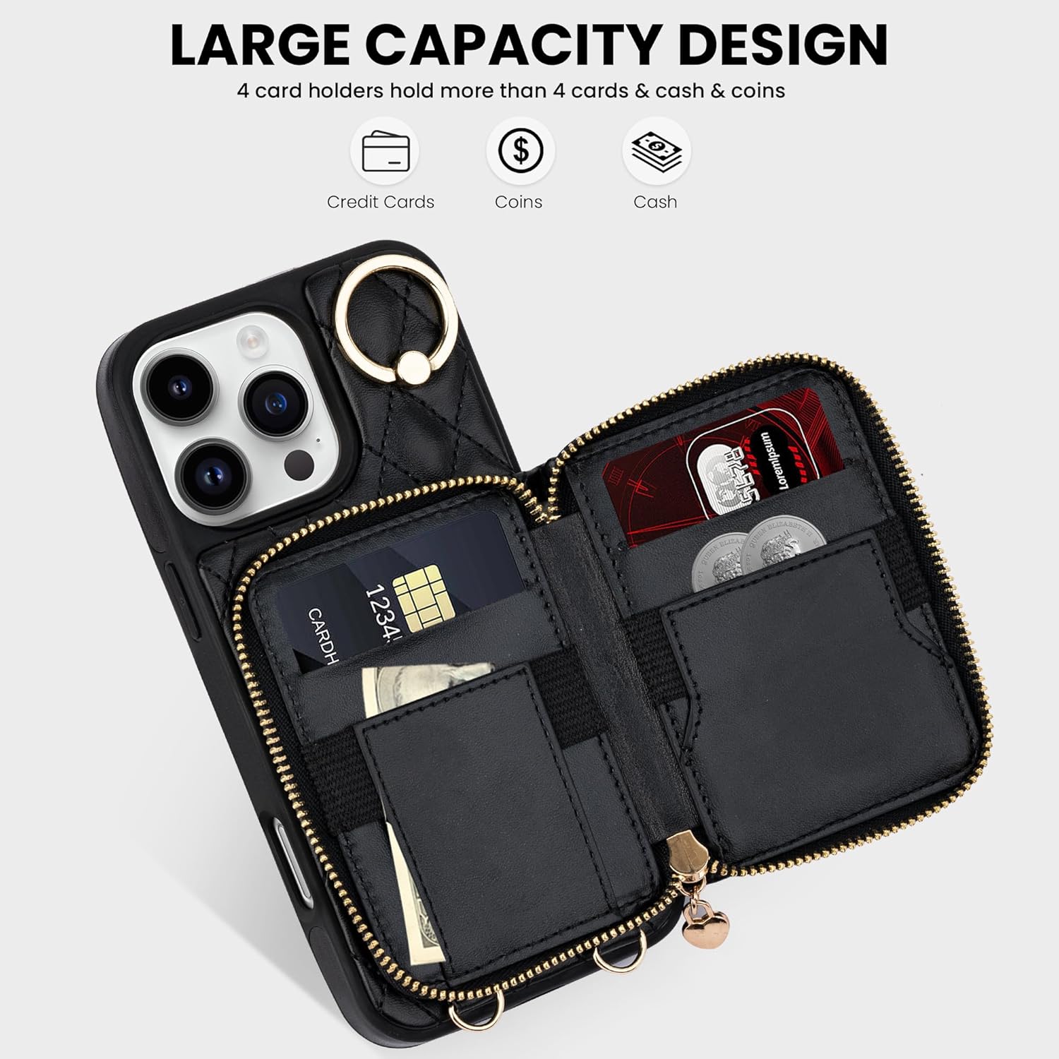 Keallce Case for iPhone 16 Pro 6.3'' Wallet Case, Crossbody Zipper Purse with Wristlet for Women, RFID Blocking Card Holders, 360° Ring Kickstand Flip Leather Case for iPhone 16 Pro, Black - Image 2