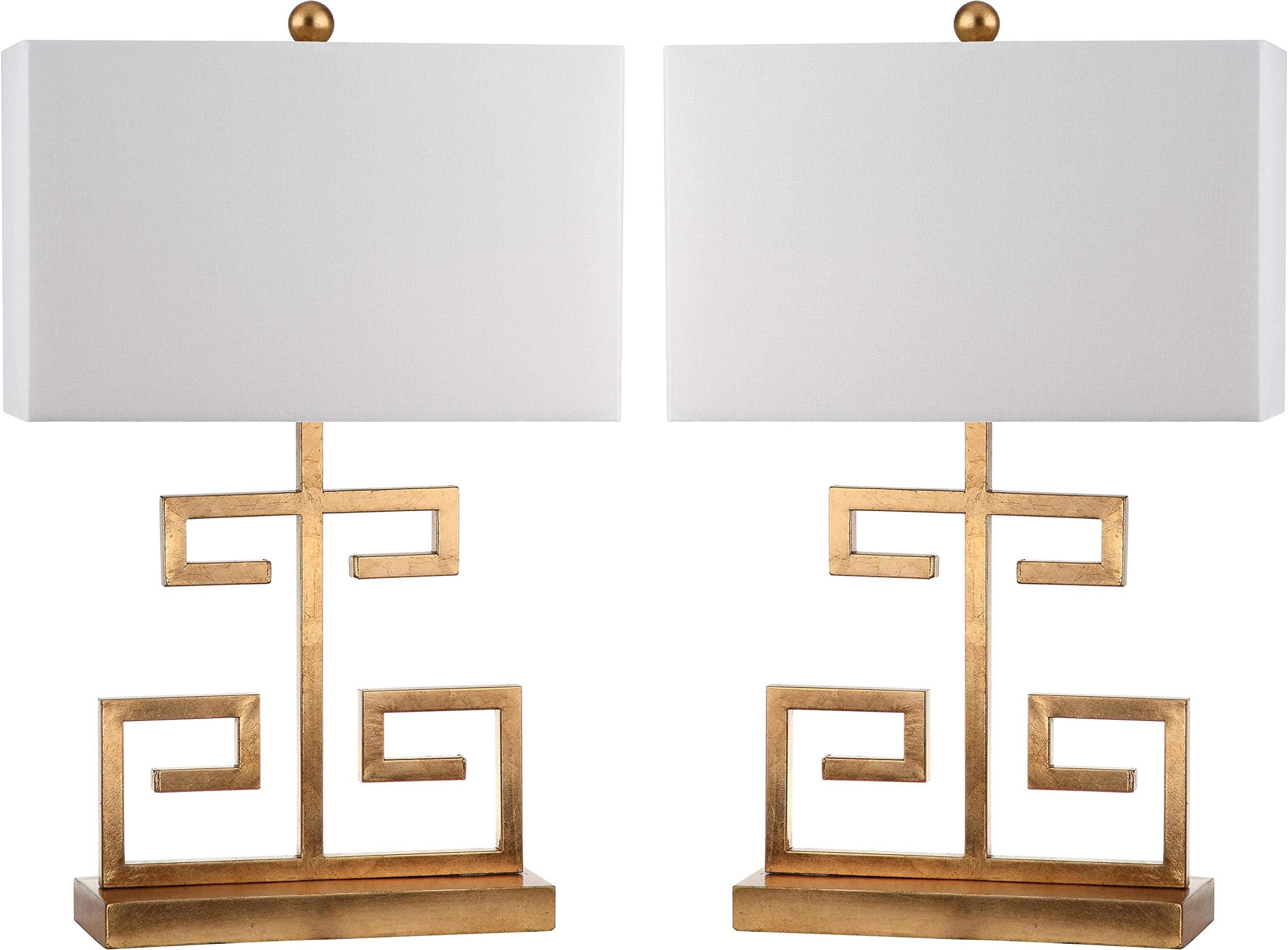 Lighting Collection โ Set of 2 Greek Key Modern Gold 24-Inch Table Lamps, White Rectangular Shade, LED Bulbs Included, Bedroom Living Room Home Office (LIT4160C-SET2)