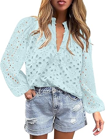 BETTE BOUTIK Women's Long Short Sleeve Tops 2025 Dressy Casual Button Hollow Out Lace Embroidered Blouses Shirts
