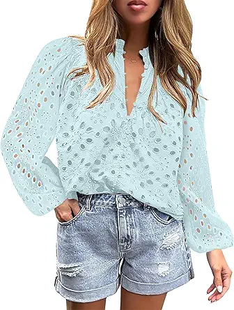 BETTE BOUTIK Women's Long Short Sleeve Tops 2025 Dressy Casual Button Hollow Out Lace Embroidered Blouses Shirts