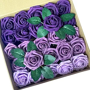 Artificial Flowers 25PCS Real Looking Ombre Colors Purple Fake Roses with Stem for DIY Wedding Bouquets Centerpieces Baby Shower Party Home Decorations
