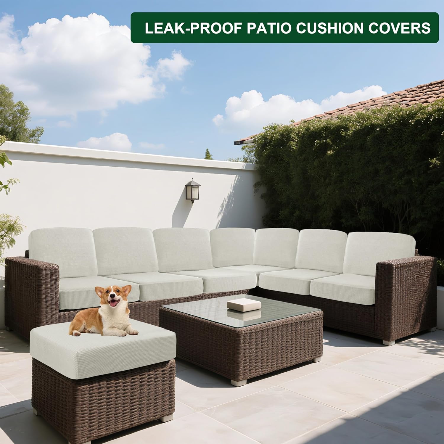 UNBBRRL 100% Leak-Proof Patio Cushion Covers, Stretch Replacement Outdoor Cushion Covers Waterproof, Non-Slip Jacquard Furniture Covers for Outdoor Seating (Ivory,W: 63-75", D: 35-43")