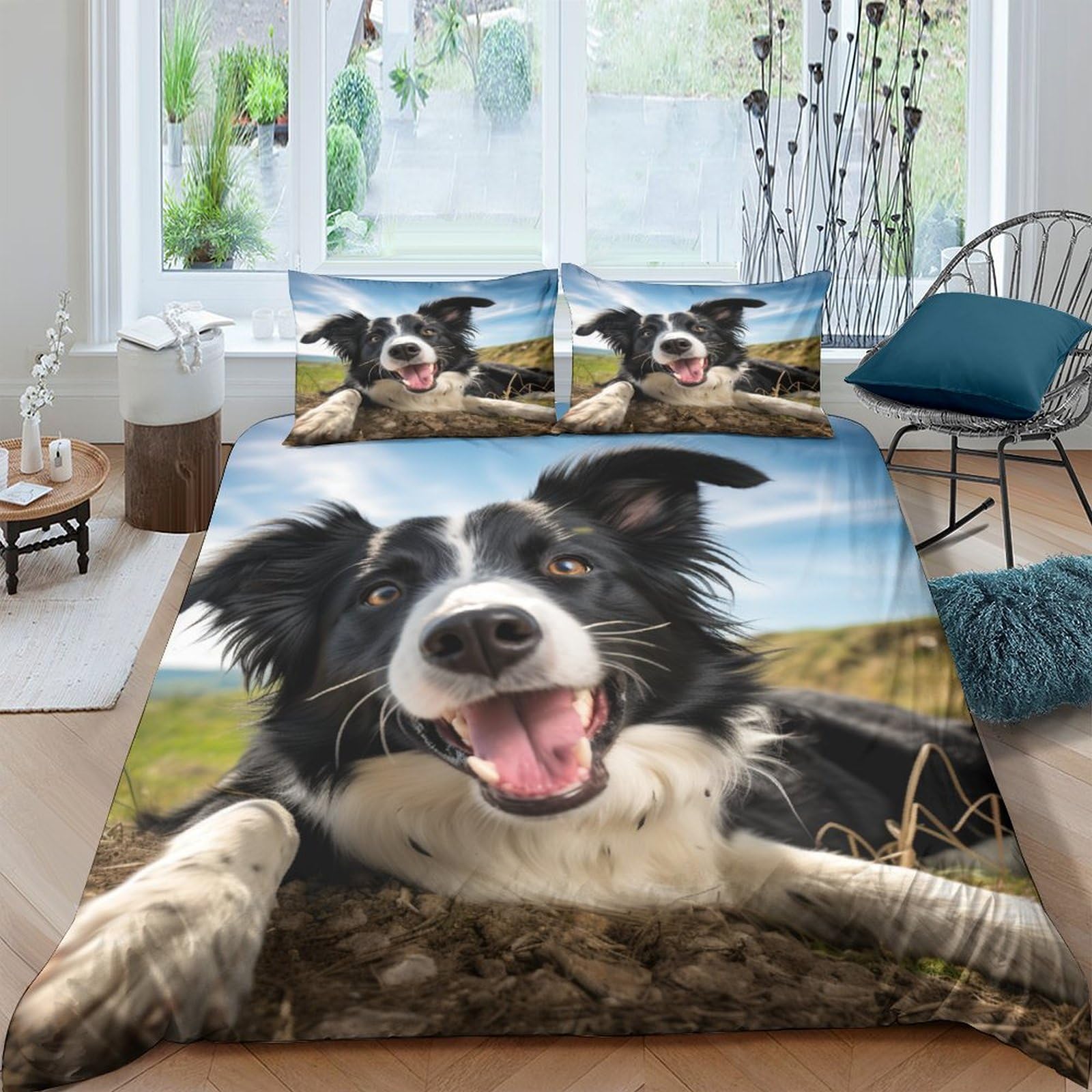 Carino Border Collie Set Copripiumino Con Stampa 3D Stampa Set Di Biancheria Da Letto Con Copriletto in Microfibra Copripiumino Soft Chic 3 Pezzi Per Adulti E Ragazzi Grande（220x240cm）