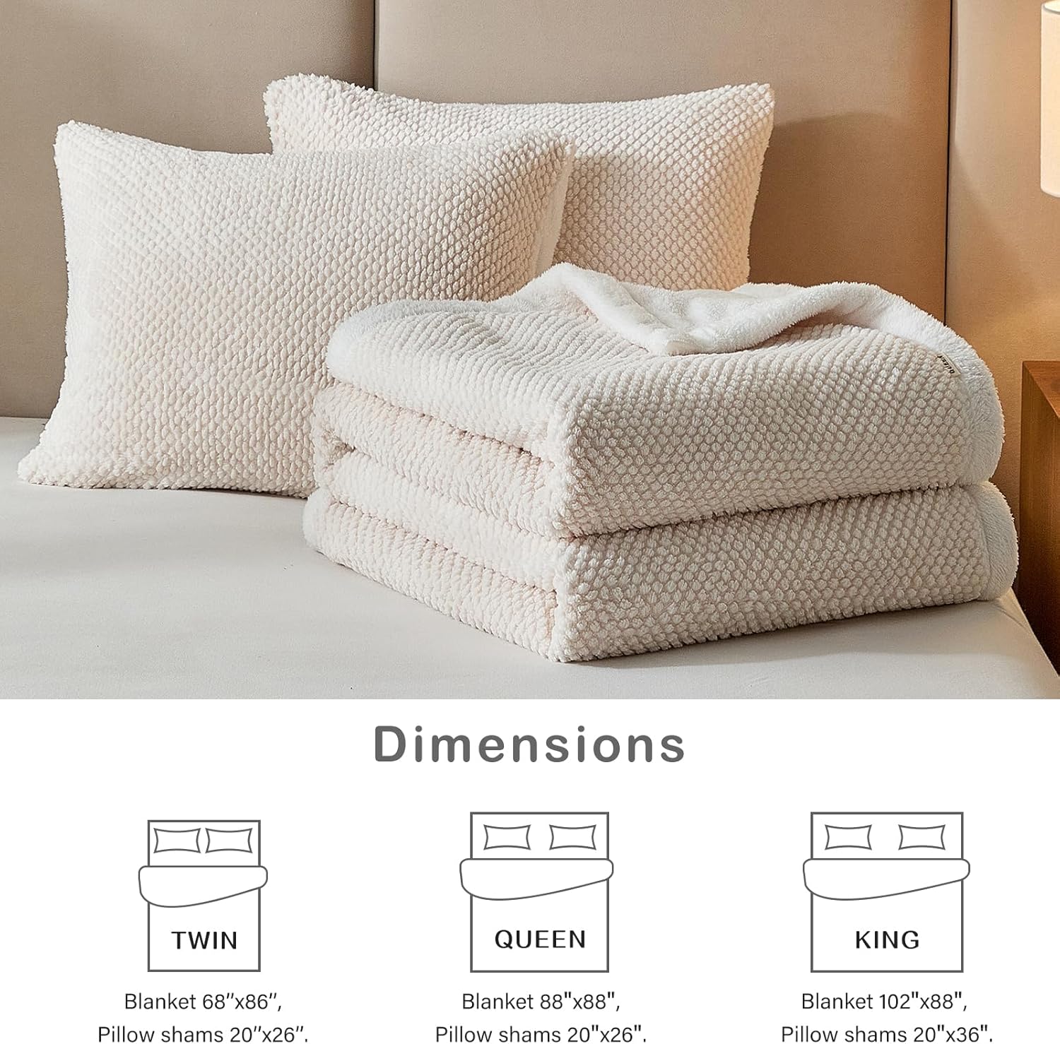 Luxury Flannel Fleece Sherpa Blankets Queen Size for Bed, Jacquard Boho 3-Layer Thick and Warm Blanket for Winter, Soft Cozy Fuzzy Plush Velvet Blanket with 2 Pillow Cases, Beige, 88x88 Inches - Image 7