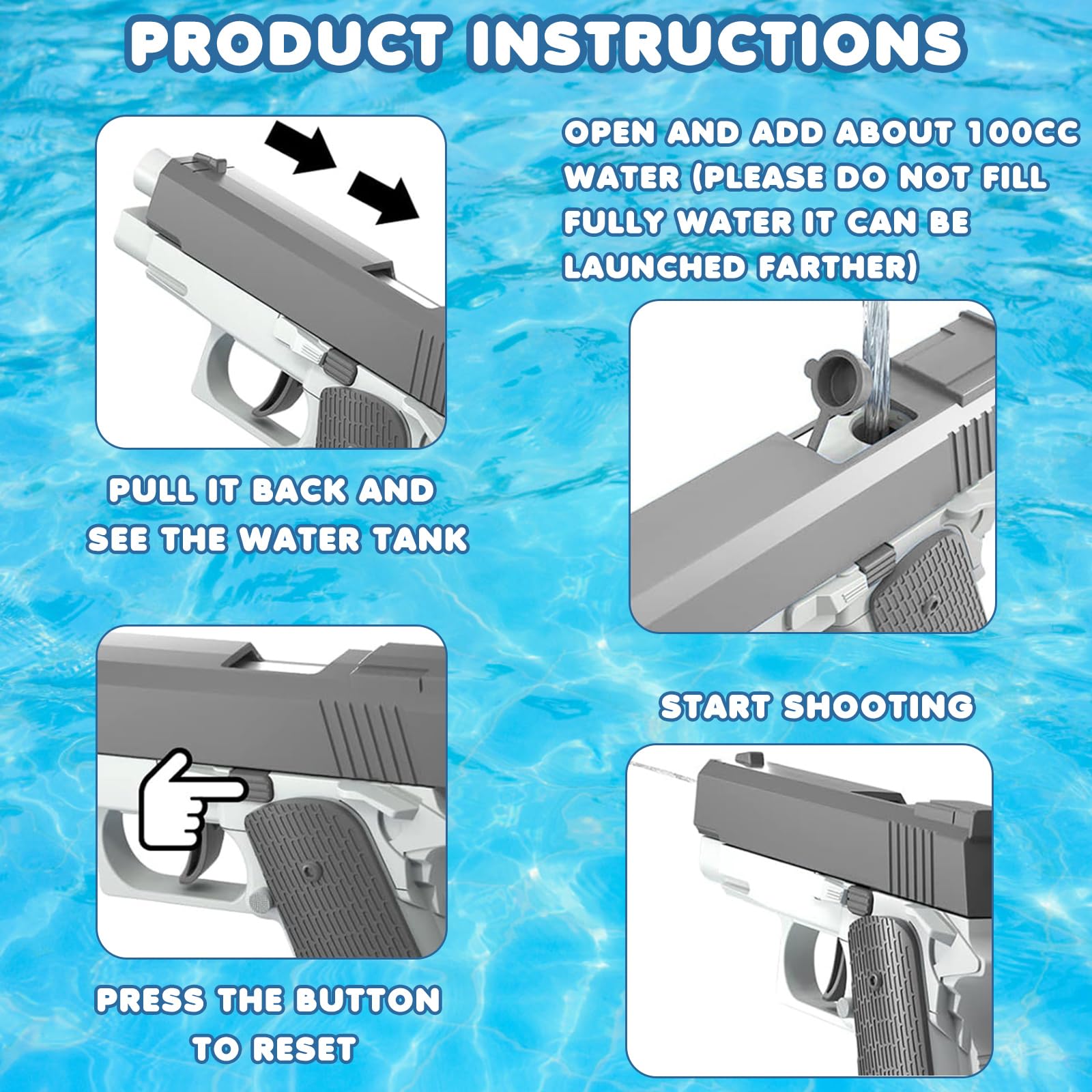 Pistola ad Acqua 2 Pezzi Pistole ad Acqua per Bambini Portata 10 Metri per Estivi Feste all'aperto, Piscina, Spiaggia, Giochi, Regali per Bambini (Blu+Grigio)