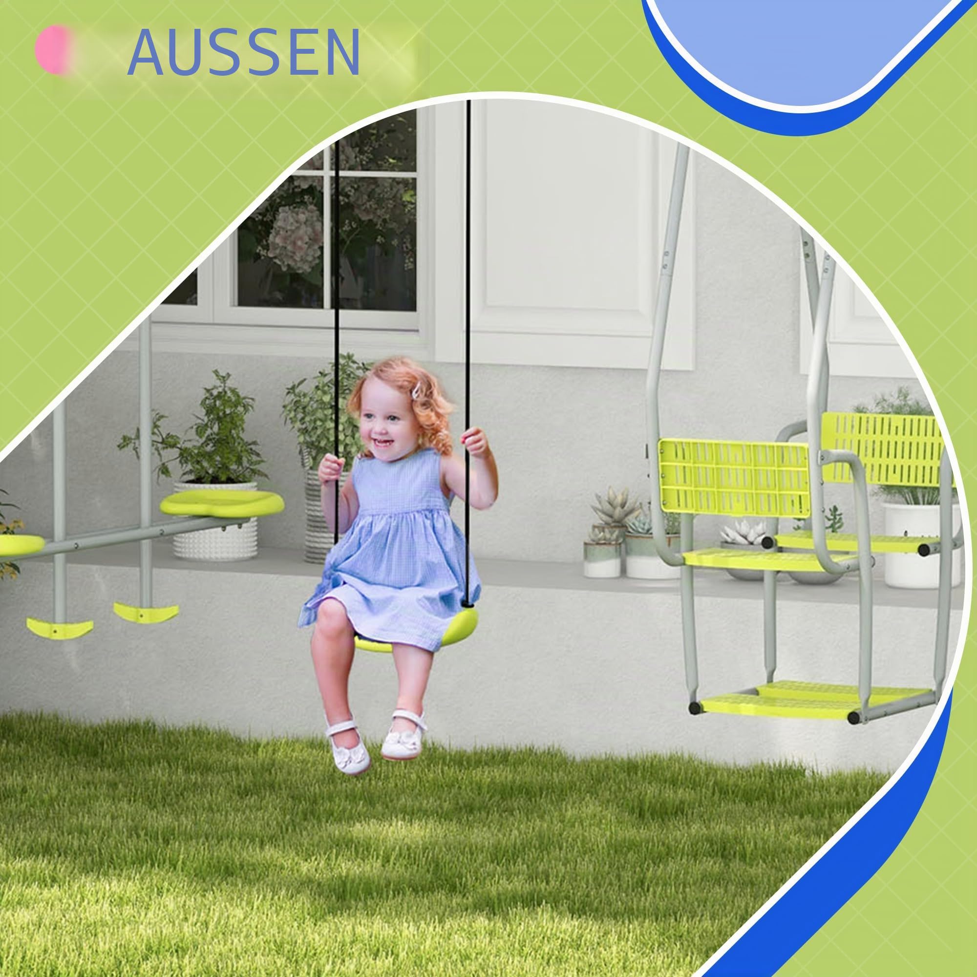 Outsunny Schaukel für Kinder, 3-in-1, mit 1 Gesichtsschaukel, Grün | 3 Agrès, Gartenschaukel, Struktur aus Metall, max. Belastung 225 kg, Spielplatz für den Außenbereich