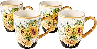 Sunflower Fields Ceramic Mugs, Set of 4 – 18 oz Floral Coffee & Tea Cups...