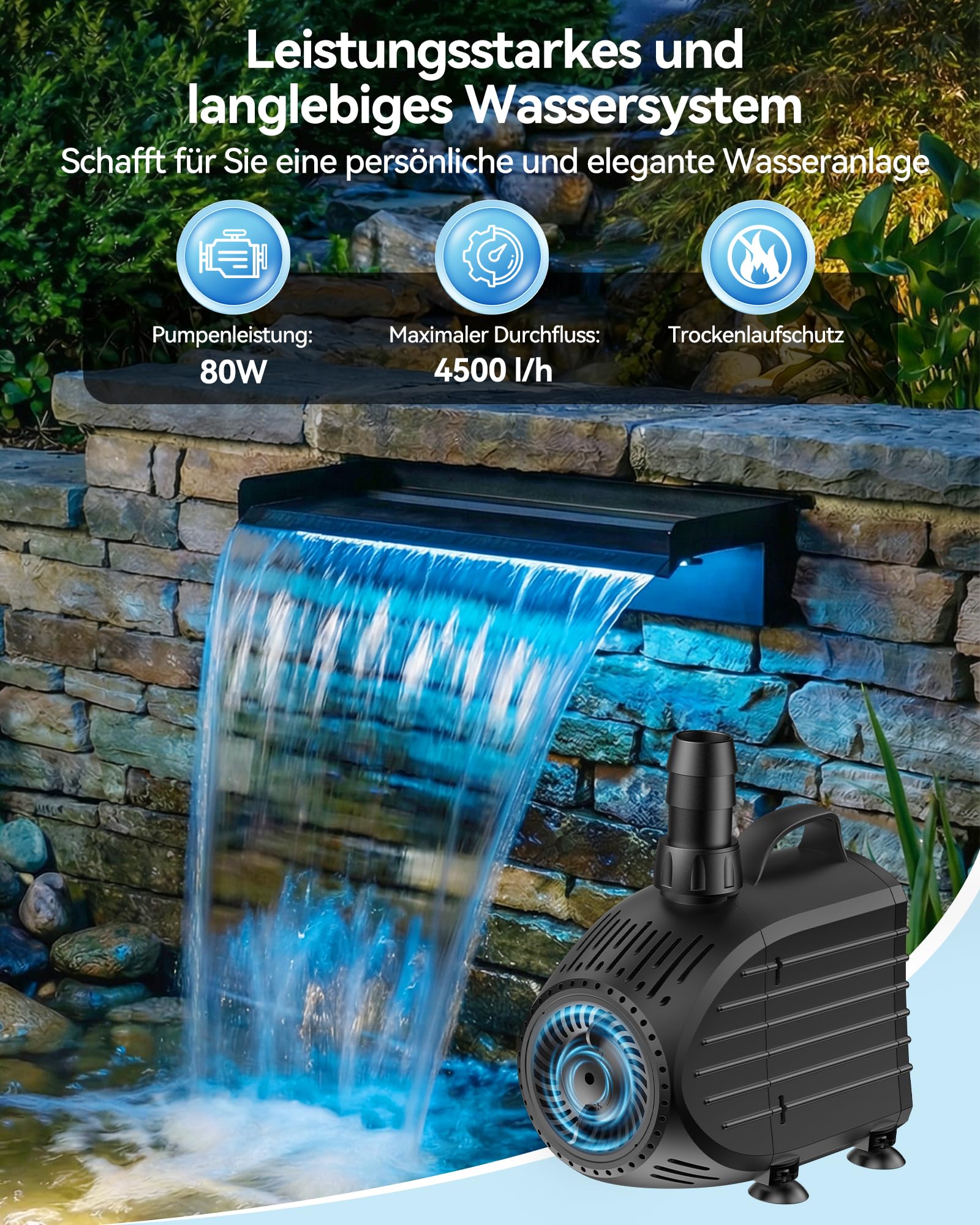 POPOSOAP Kit de Cascada para Estanque, Desagüe de Acero Inoxidable 60cm, Bomba de Agua 4500 L/h, Luces LED con Mando a Distancia y Tubo Corrugado 3m, Adecuado para Estanques Exteriores hasta 12 m²