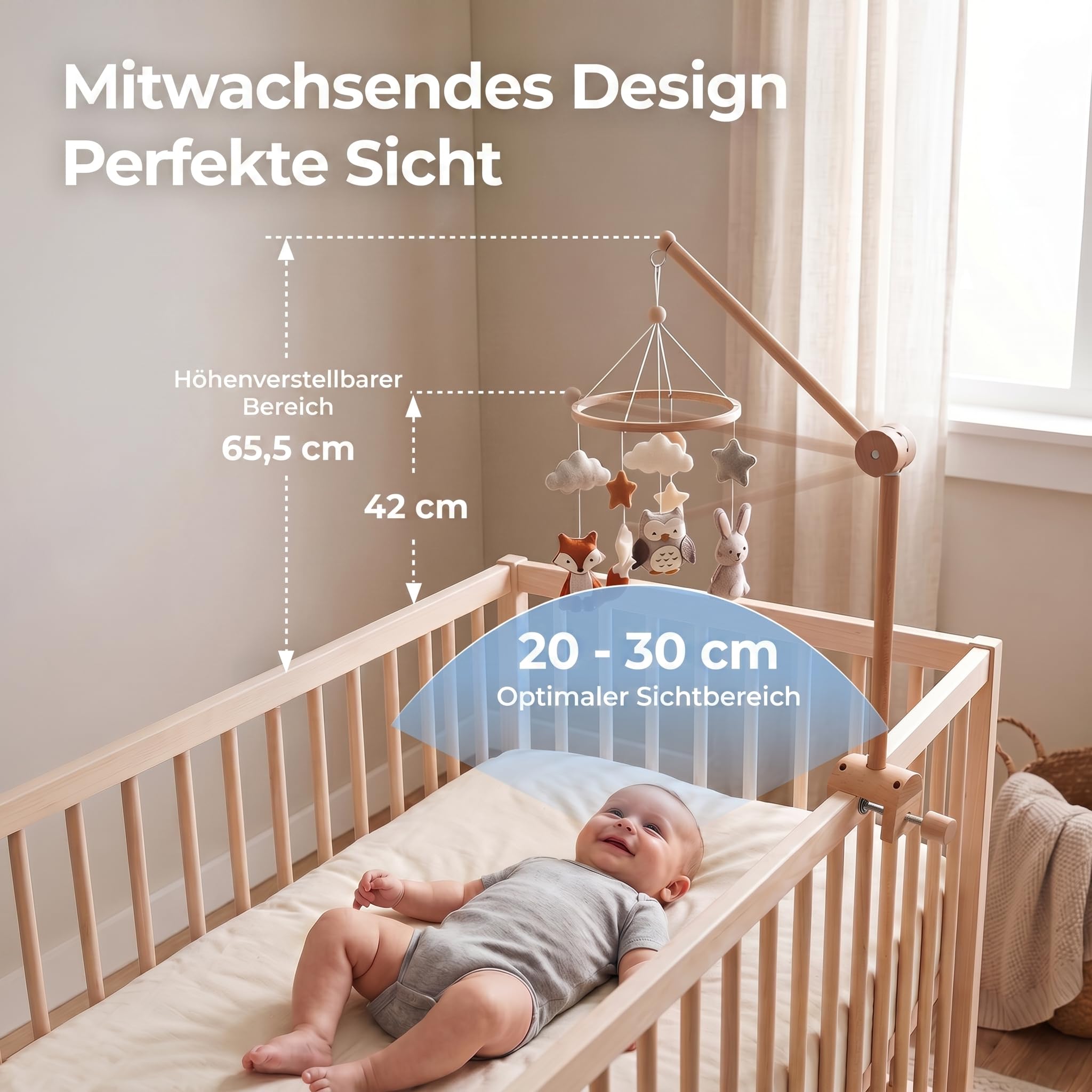 let's make Mobile Verbesserte Version Halterung Holz für Babybet, Höhenverstellbarer & 360° Drehbarer Mobile Arm mit Erweiterter, Mobile Halterung für Babybett Zubehör, Kinderzimmer Deko