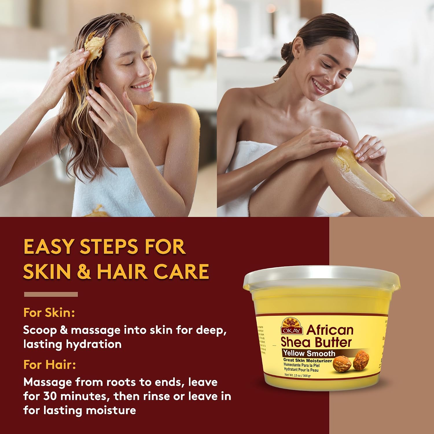 OKAY Yellow Shea Butter for Hair and Skin - Raw African Shea Butter for Women and Men, Daily Moisturizer for Face and Body, Helps with Stretch Marks, Soothes Dryness - 13 Oz Jar (Pack of 2)