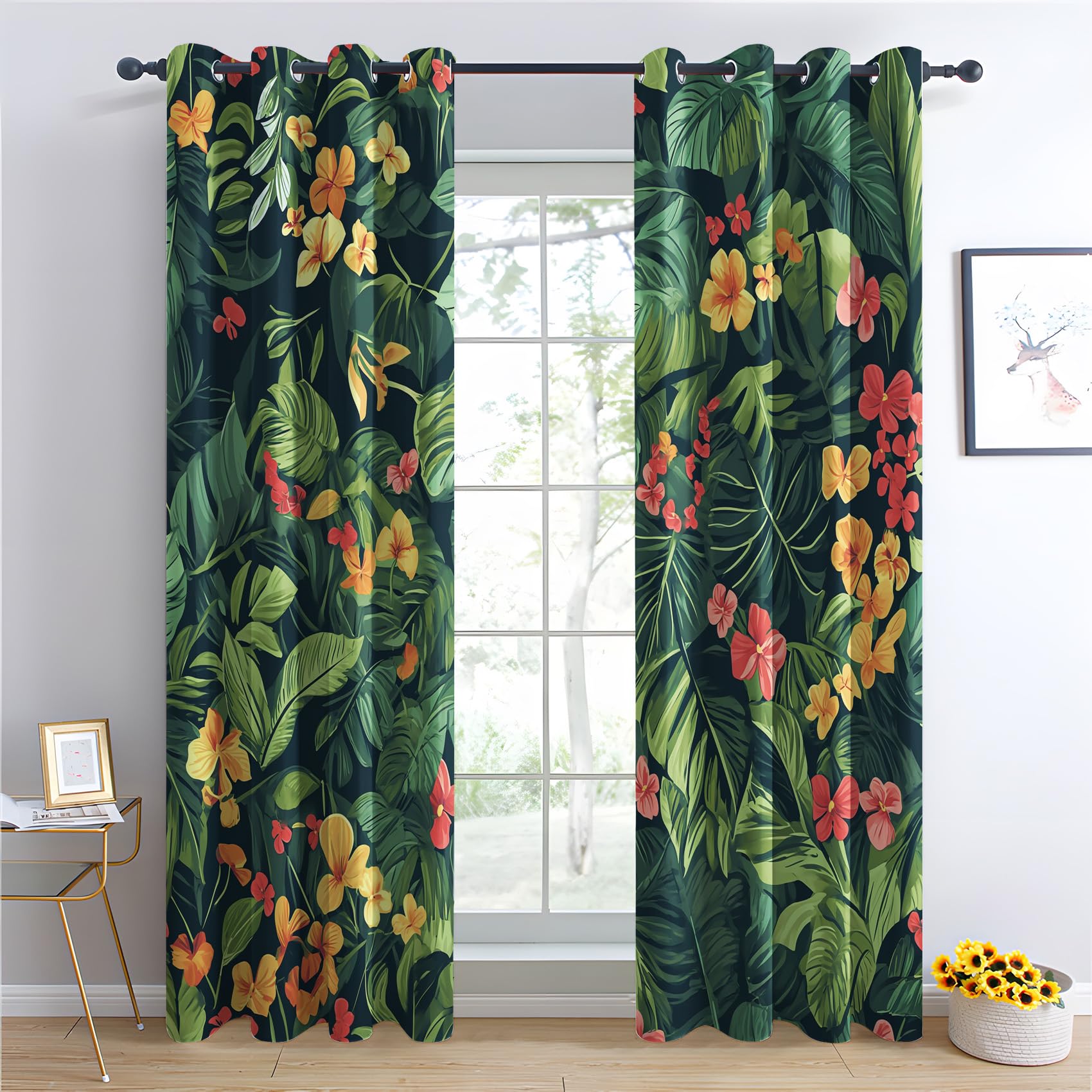Generisch Grüne Blätter Vorhang, Blumenmuster Gardinen mit Ösen 2er Set Verdunkelungsvorhang, Modern Floral Vorhänge, Wohnzimmer Schlafzimmer Kinderzimmer Blickdichte vorhänge, 280x260 cm j1&-152