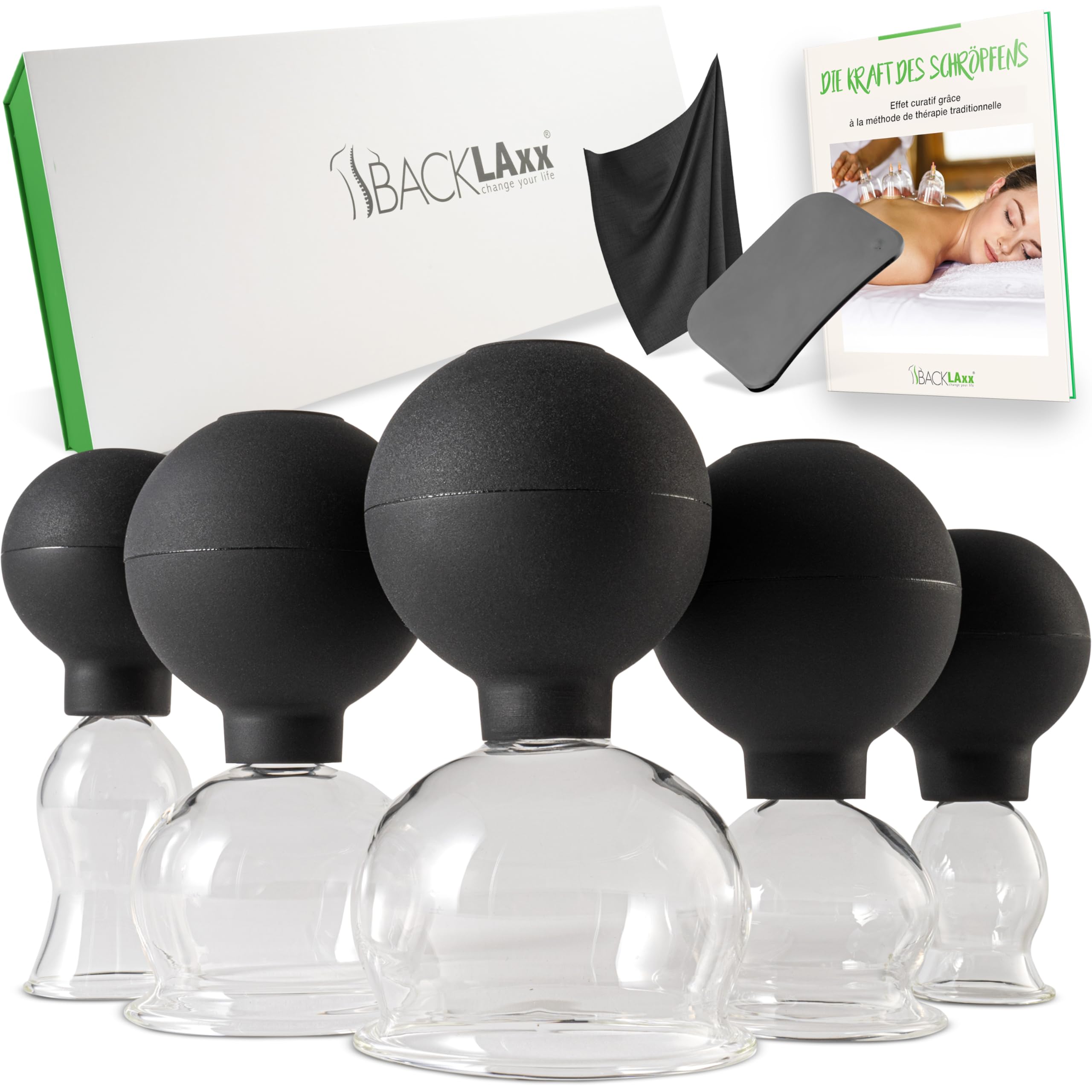 BACKLAxx ® Set De Ventouses En Verre Avec Poire En Silicone Et Grattoir Fascia | Ventouse Cellulite Et Ventouse Massage Pour Corps Et Visage | Ventouses Thérapeutiques Cupping