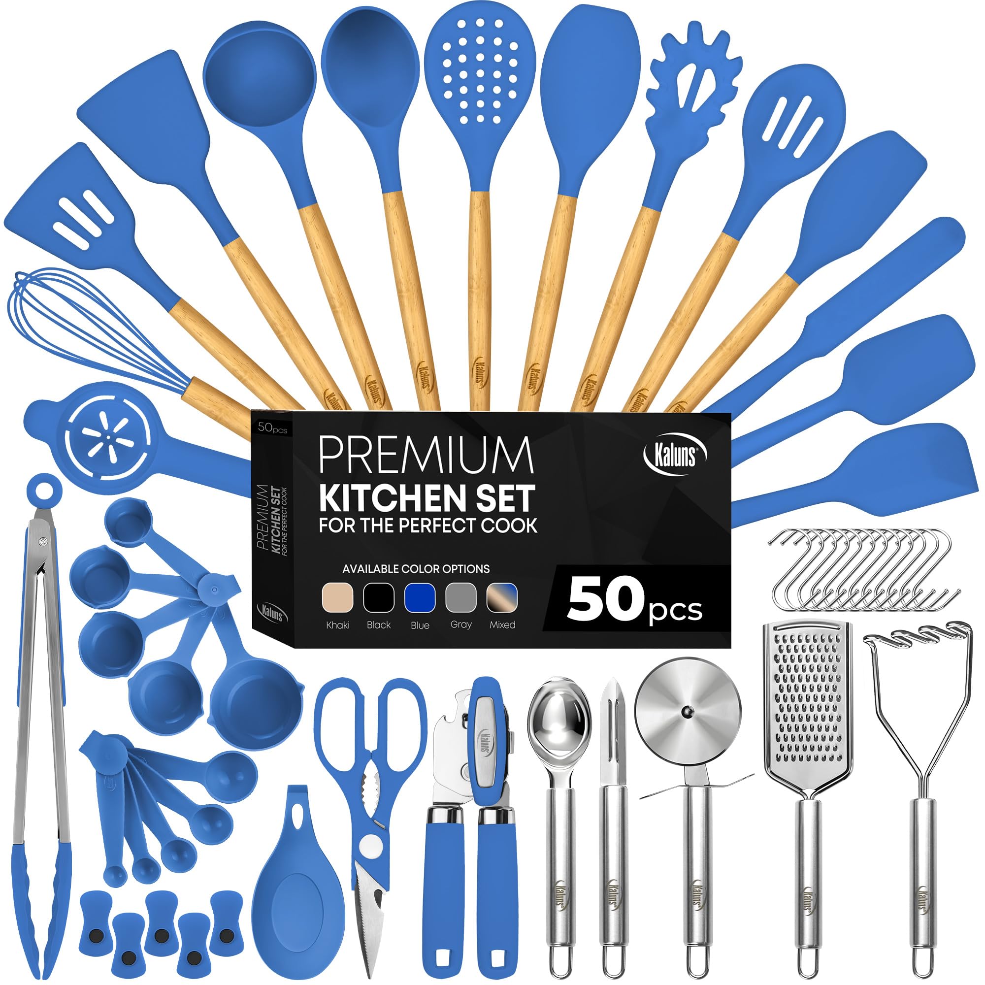 Kaluns 50 PCS Silicone Kitchen Utensils Set Complete Kitchen Set - 800°F Heat Resistant Non-Stick Premium Silicone Cooking Utensils W Wooden Handles - Can Opener, Masher, Turner, Silicone Spatula Set