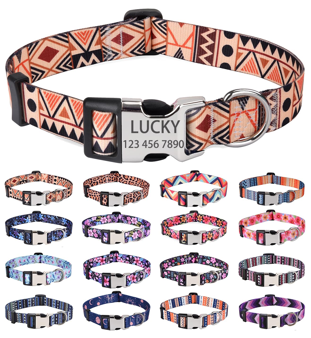 HQYDDMI Personalized Dog Collars - Customized Floral Geometry Dog Collar with Name and Phone Number - Adjustable for Small Medium Large Male Female Boy Girl Dogs(Beige Geometry,L)