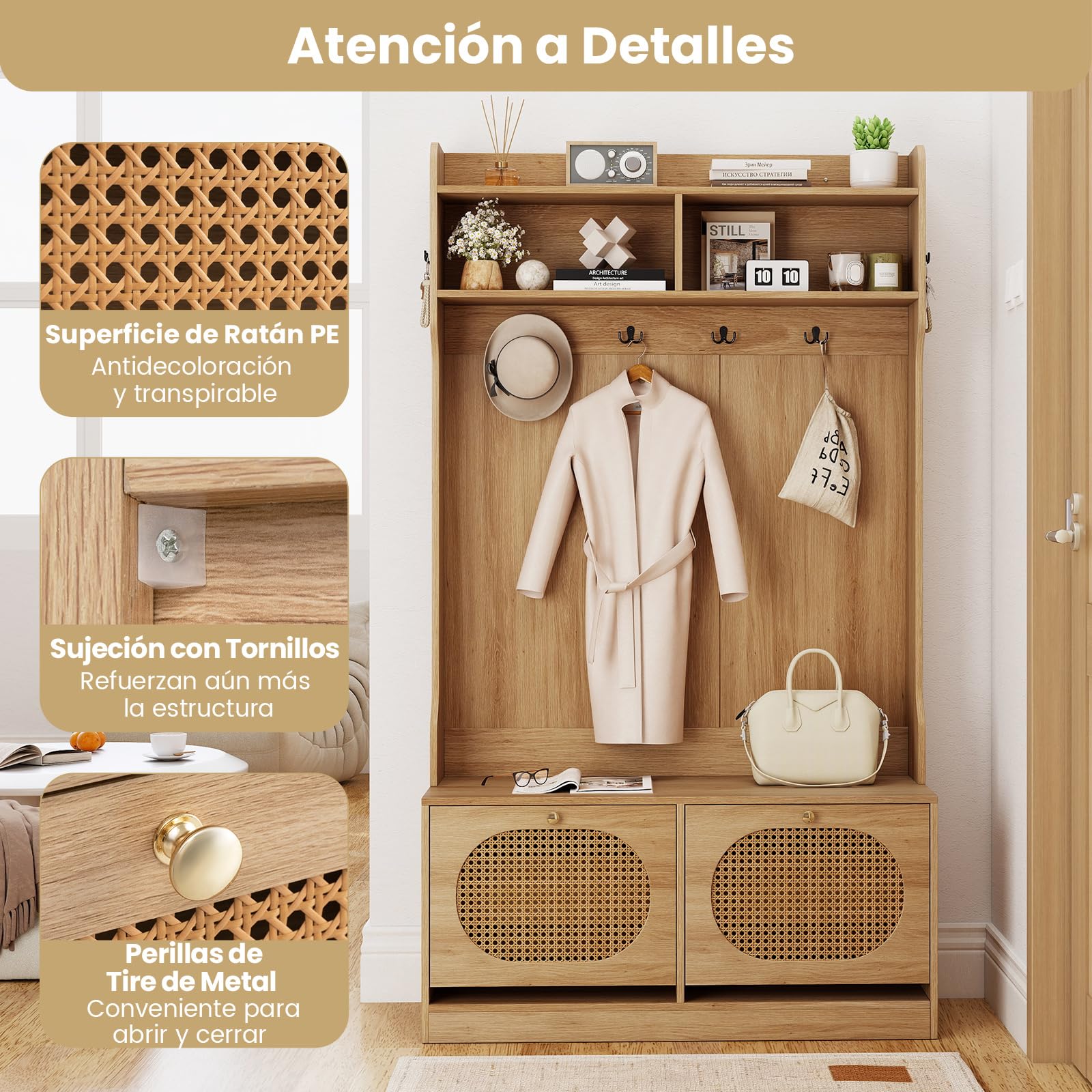 COSTWAY Perchero Zapatero 4 en 1, Muebles de Entrada Recibidor con 2 Cajones Abatibles, Ganchos Duales, Estantes, 101,5 x 40 x 180 cm, Entrada Salon Pasillo