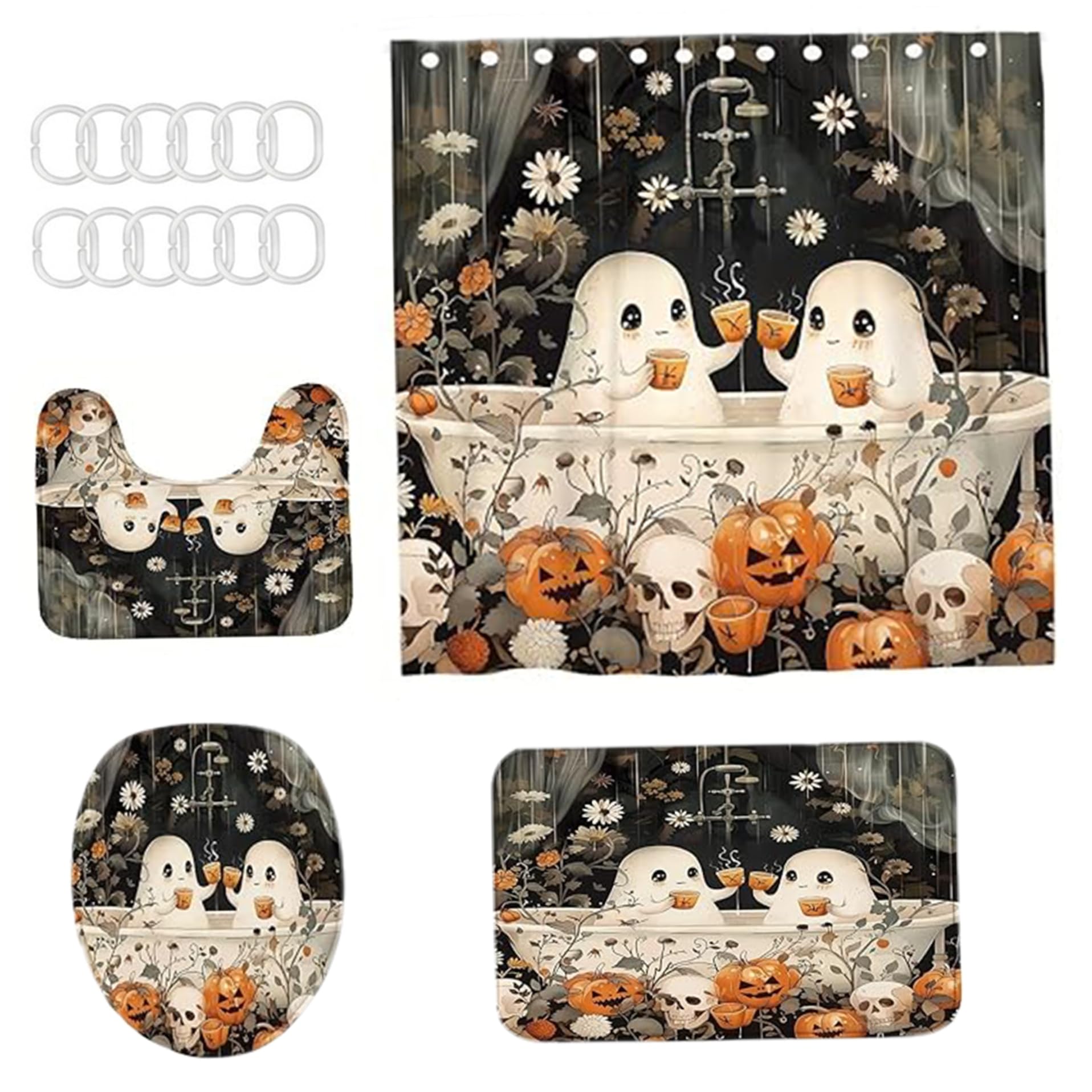 Ensemble de Rideaux de Douche d'halloween 4 PCS Ensemble Salle Bain Halloween imperméable avec Motifs effrayants Rideau Douche, Couvercle Toilette, Tapis Bain et Tapis en Forme U po
