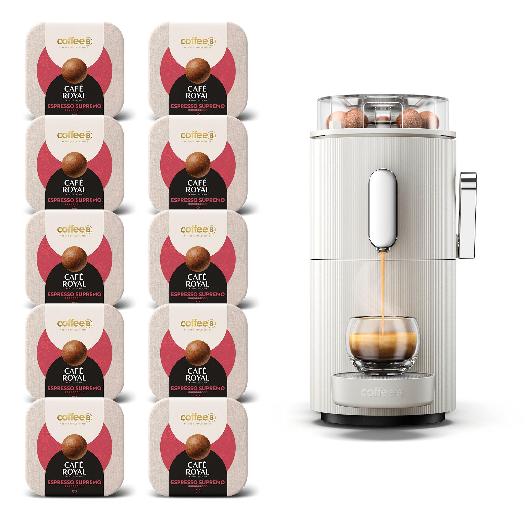 CAFE ROYAL SWITZERLAND PROFESSIONAL Machine à Café CoffeeB Globe Blanc 1.3L avec 90 Coffee Balls Espresso Supremo - 100% Compostables