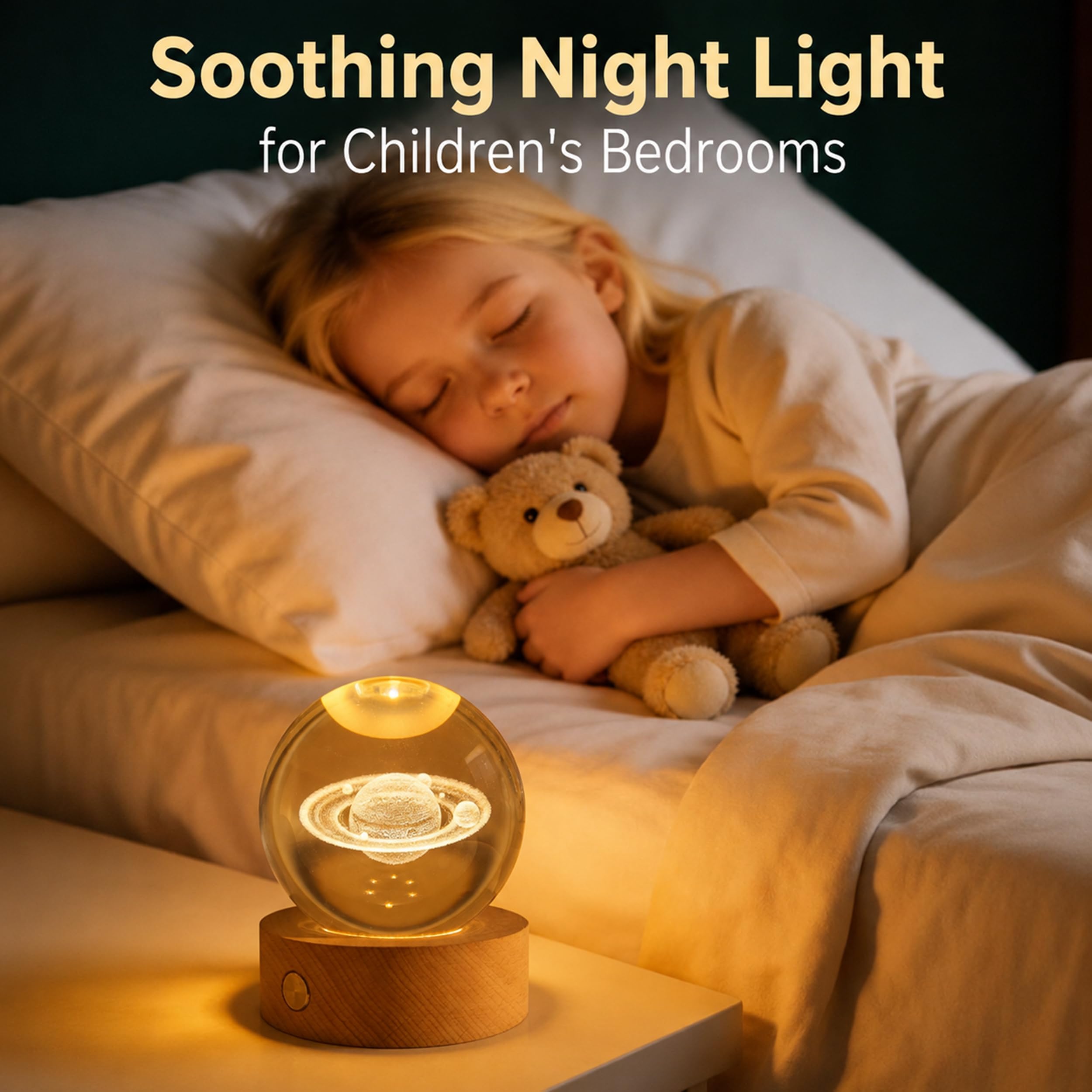Lampada Sfera di Cristallo Saturno 3D (8cm) – Luce Notturna LED Multicolor con Base in Legno Massello e Batteria Ricaricabile USB, Sfera in Vetro K9 per Decorazioni Casa, Camera e Regalo Astronomia