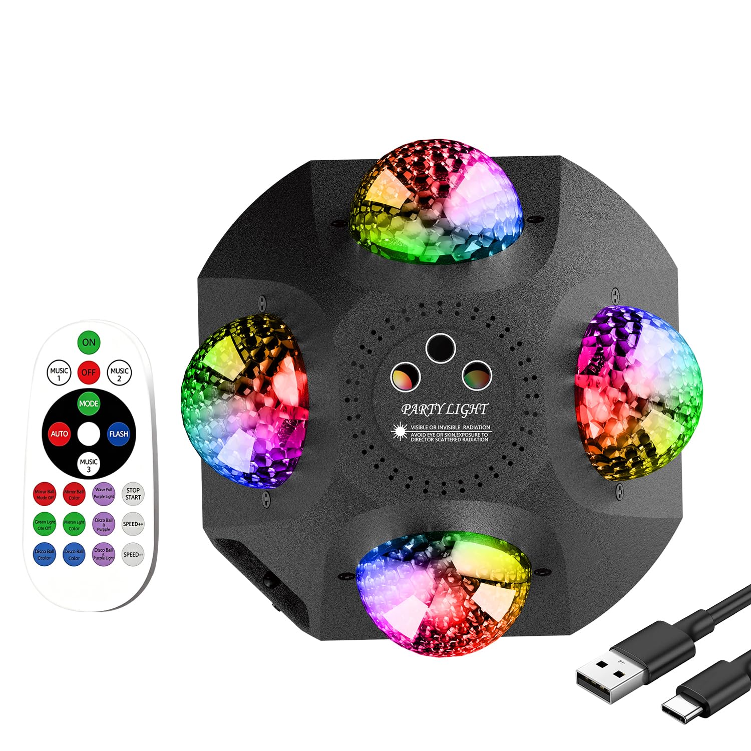 7 in 1 Discokugel RGBW Wasserwelleneffekt und Rot-Grün Muster | RGBW, Fernbedienung, Musikgesteuert, Stroboskop und Automatik, USB-C, Discolicht Partylicht für Party