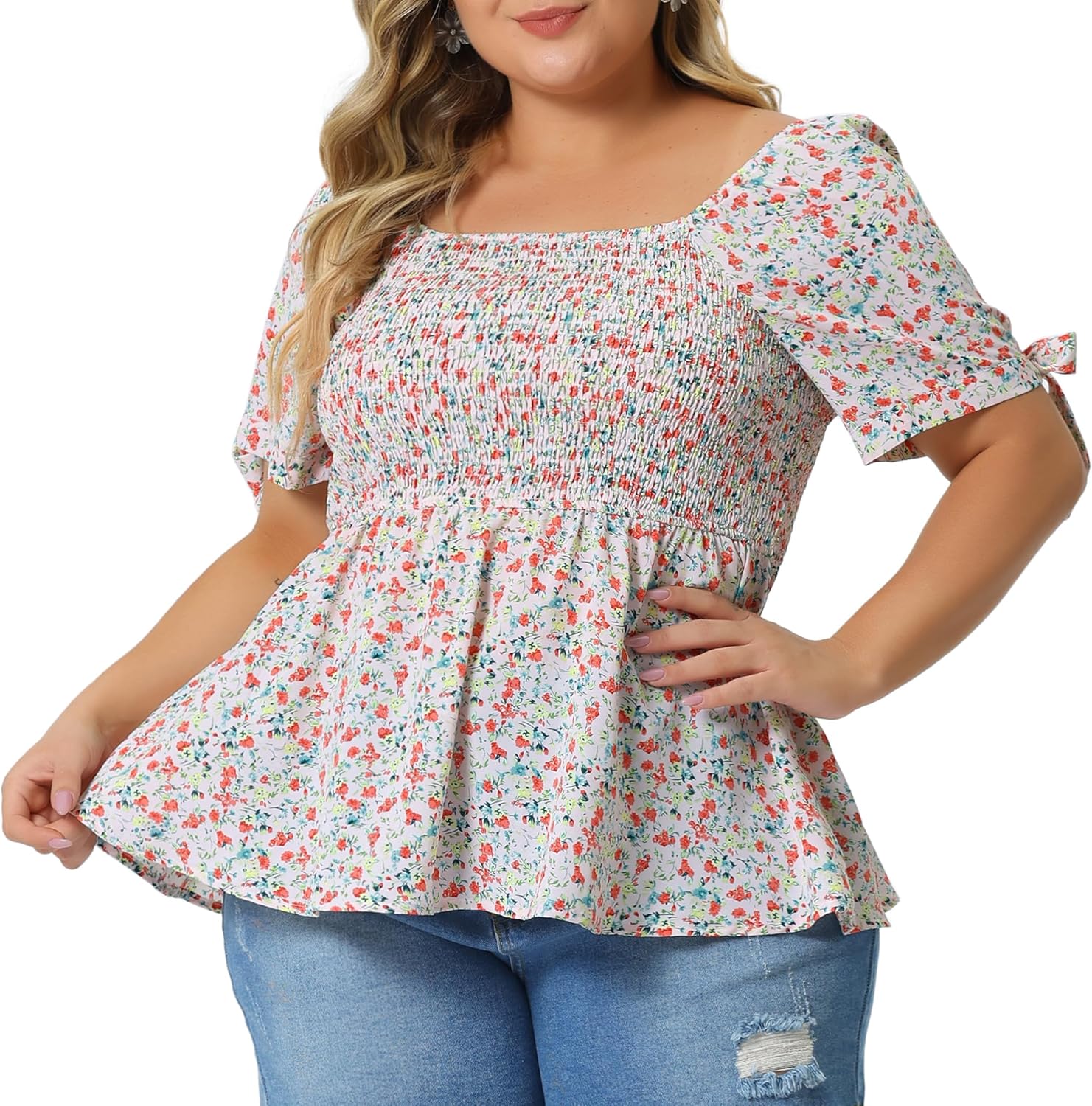 Agnes Orinda Plus Size Summer Tops for Women Square Neck Smocked Bow Tie Short Sleeve Peplum Blouse - Image 2