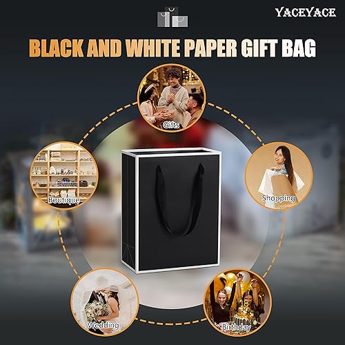 Miniatura 7 de YACEYACE - Bolsas de regalo negras con asas a granel, 20 unidades de 8 x 4 x 10.5 pulgadas, bolsas de regalo de papel negro a granel con marco