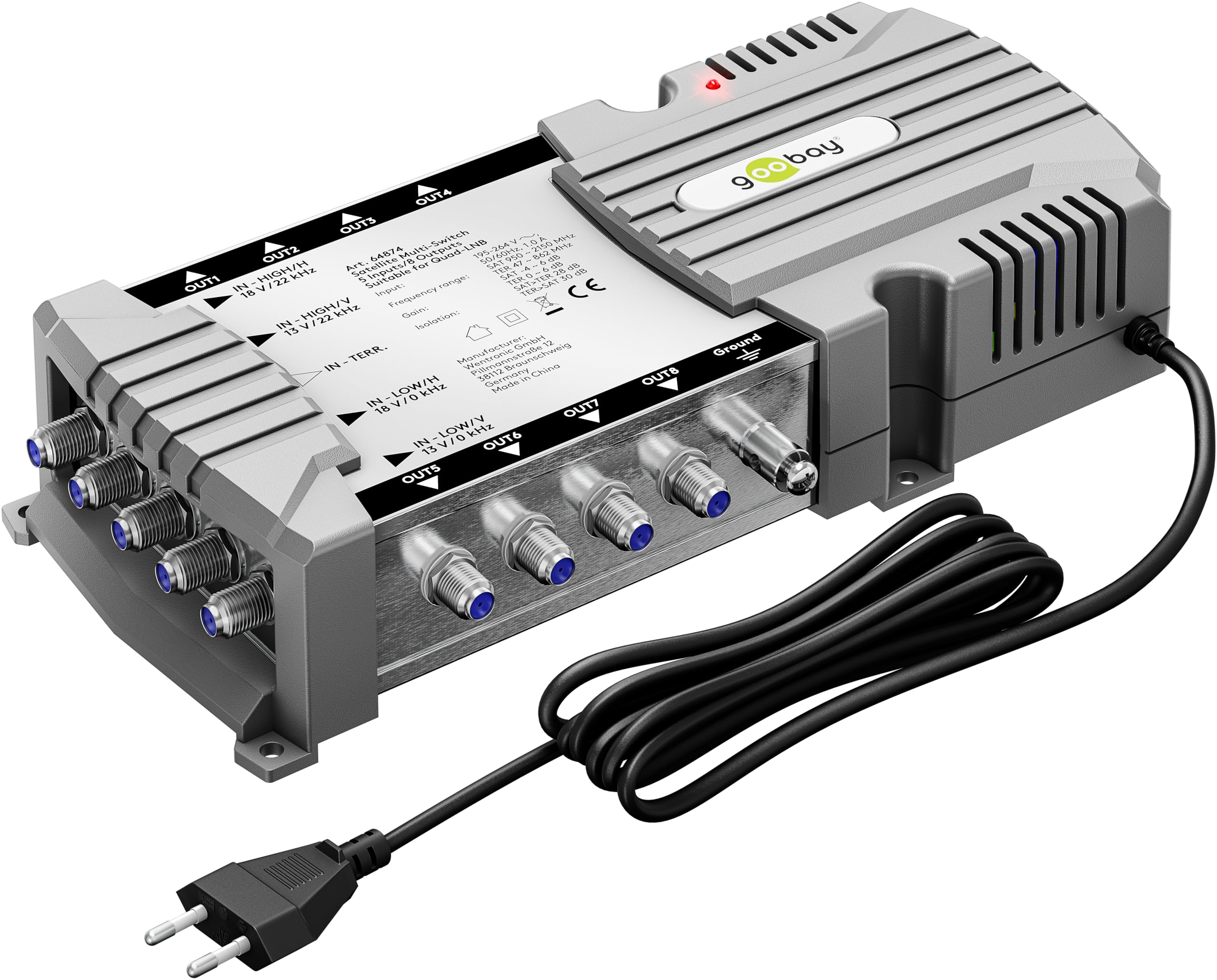 goobay 64874 Multiconmutador satélite/Multiconmutador Compacto / 5 entradas / 8 Salidas / 4K, 8K UHD/Dab+ / para 8 participantes