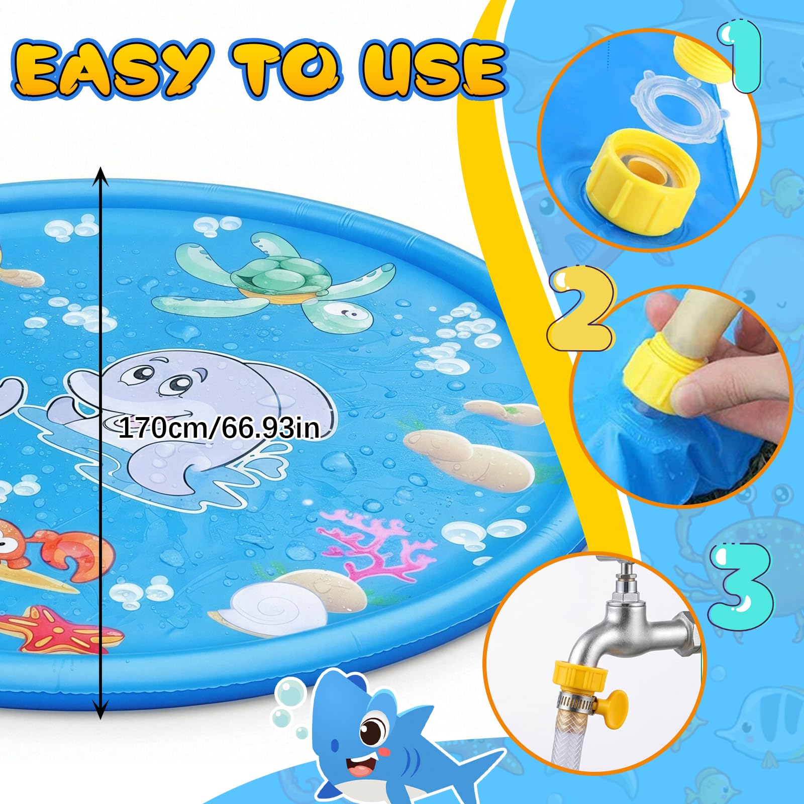 Splash Pad, 170CM Wasserspielmatte Sprinklermatte Kinder Sommer Outdoor | Wasserspielzeug Kinder Outdoor 3+ Kinder Anti-Rutsch Gartenparty Haustier Springbrunnen Garten Wassermatte Wasserspielmatte