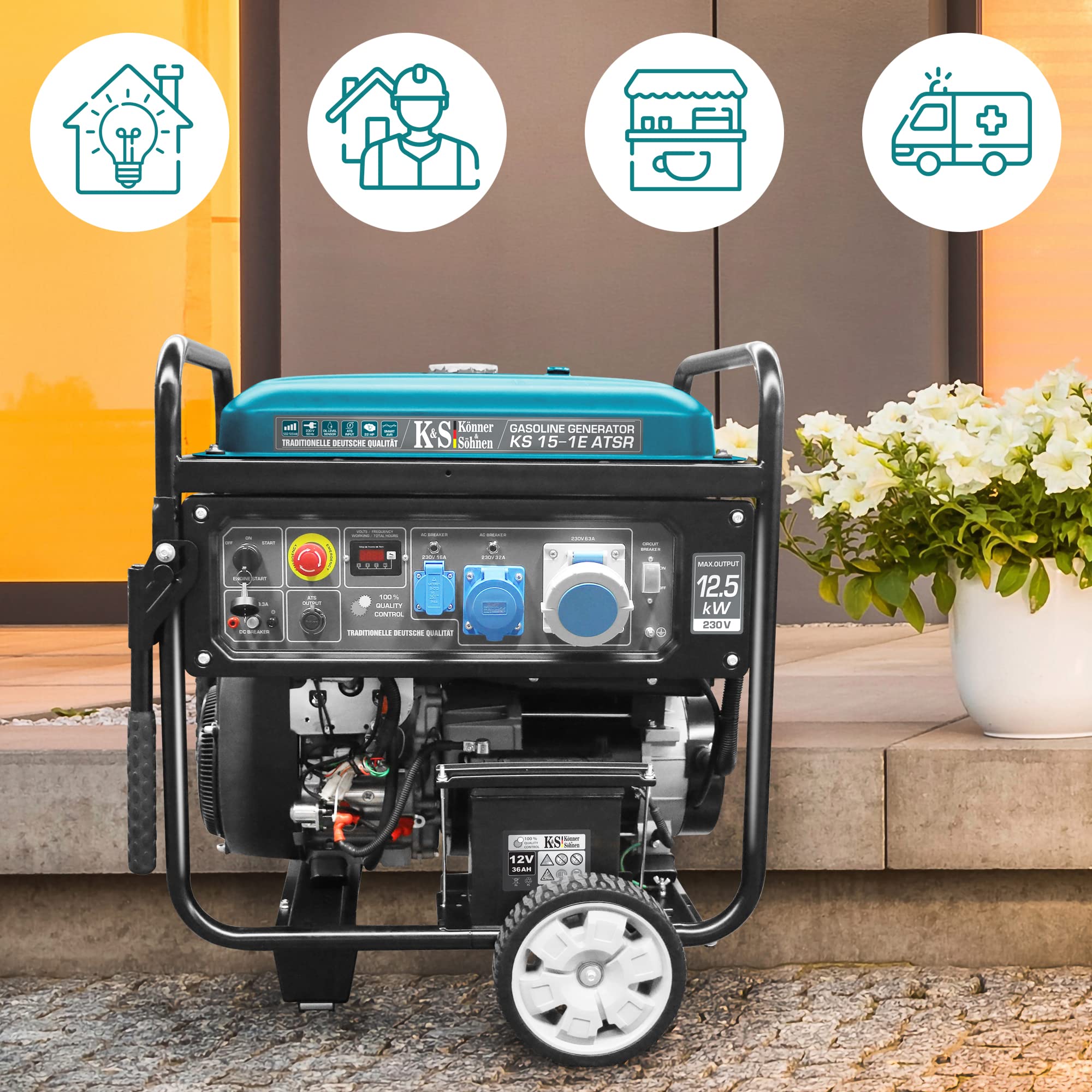 Könner & Söhnen KS 15-1E ATSR - Generatore di corrente 22 CV, motore a benzina a 2 cilindri a 4 tempi, in rame, avviamento elettrico, regolatore di tensione, display LED, 12500 Watt