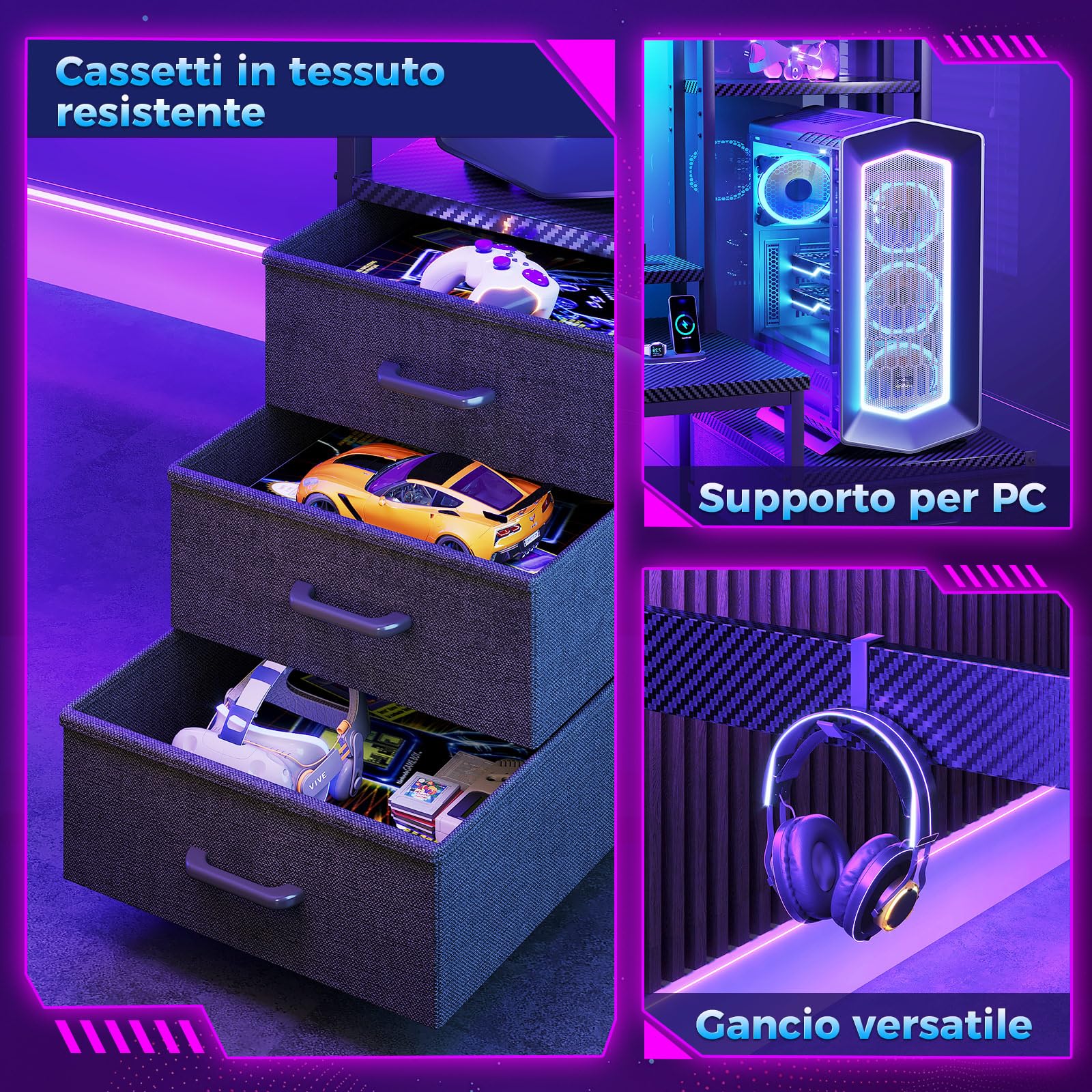 Coleshome Scrivania Gaming con Libreria e Cassetti, Tavolo Gaming con Illuminazione LED & Presa di Corrente, Scrivania Computer con Ripiani di Archiviazione (Nero Fibra di Carbonio, 161×48 cm)