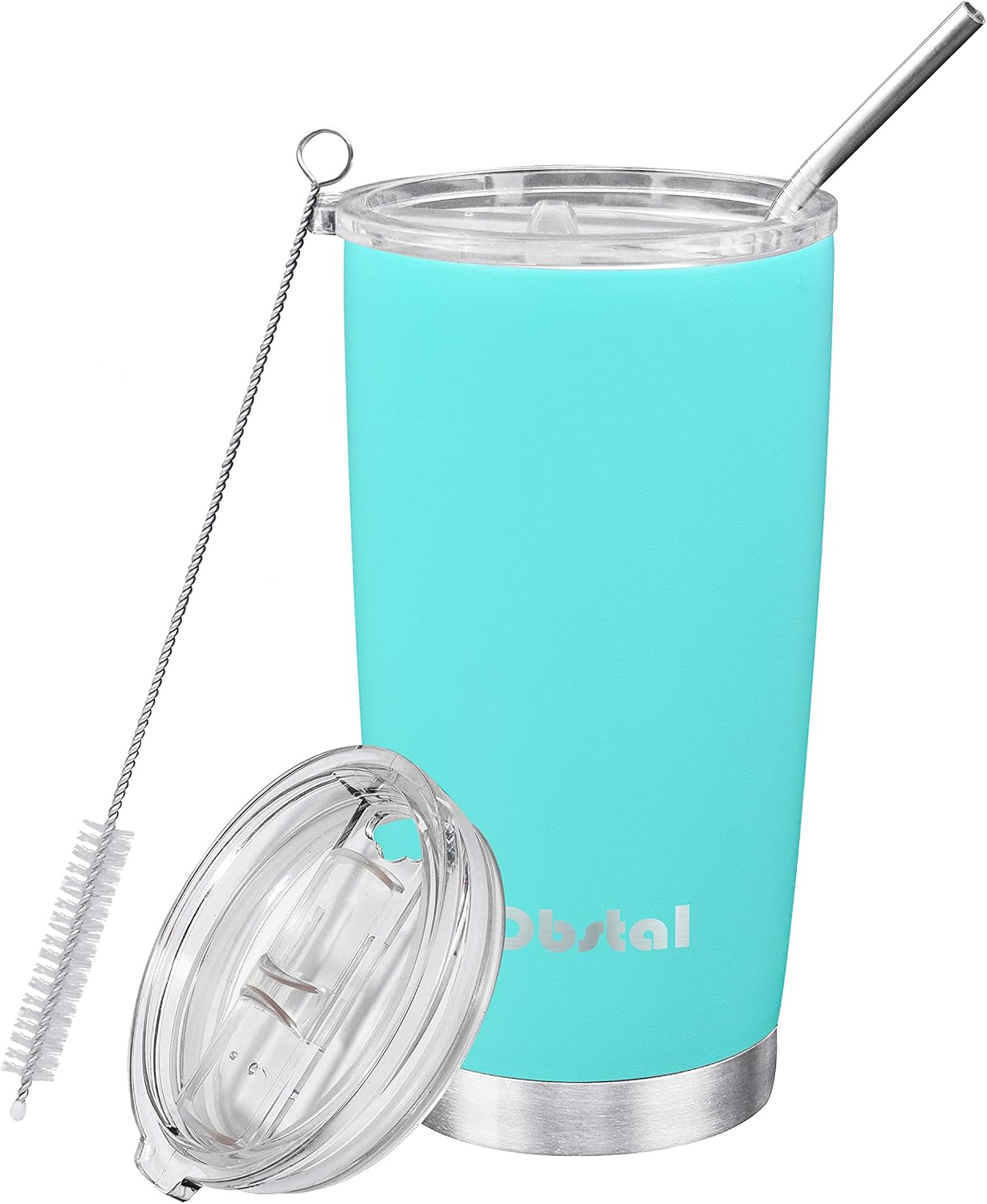 Obstal Stainless Steel Insulated Tumbler - Double Wall Vacuum Travel Mug for Coffee with Straw, Slider Lid, Cleaning Brush (20 oz, Aqua Blue 2)