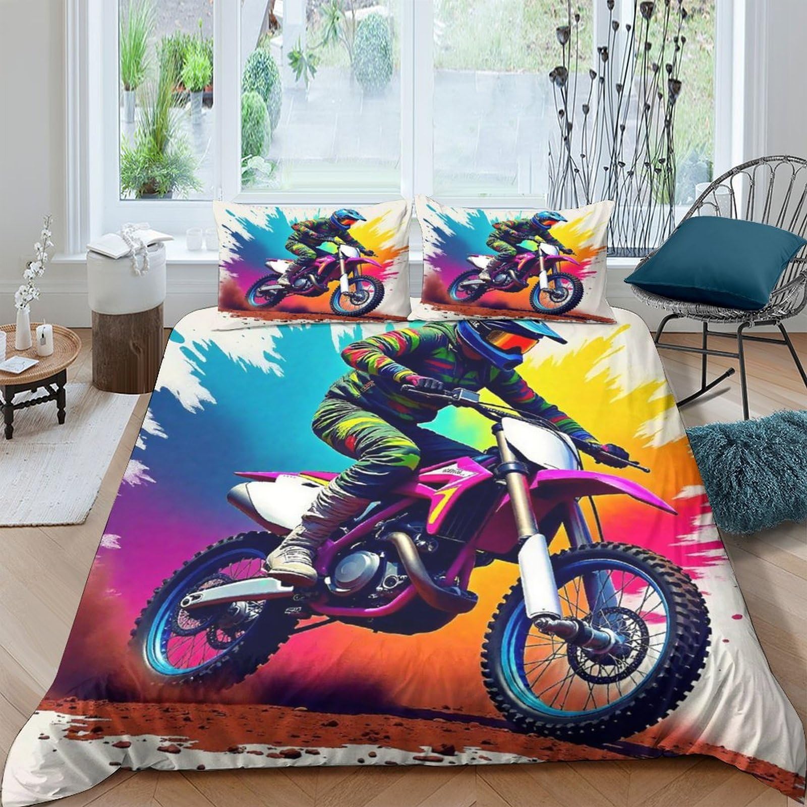 Housse de couette moto cross 220x240 cm parure de lit 3 pièces microfibre avec taies
