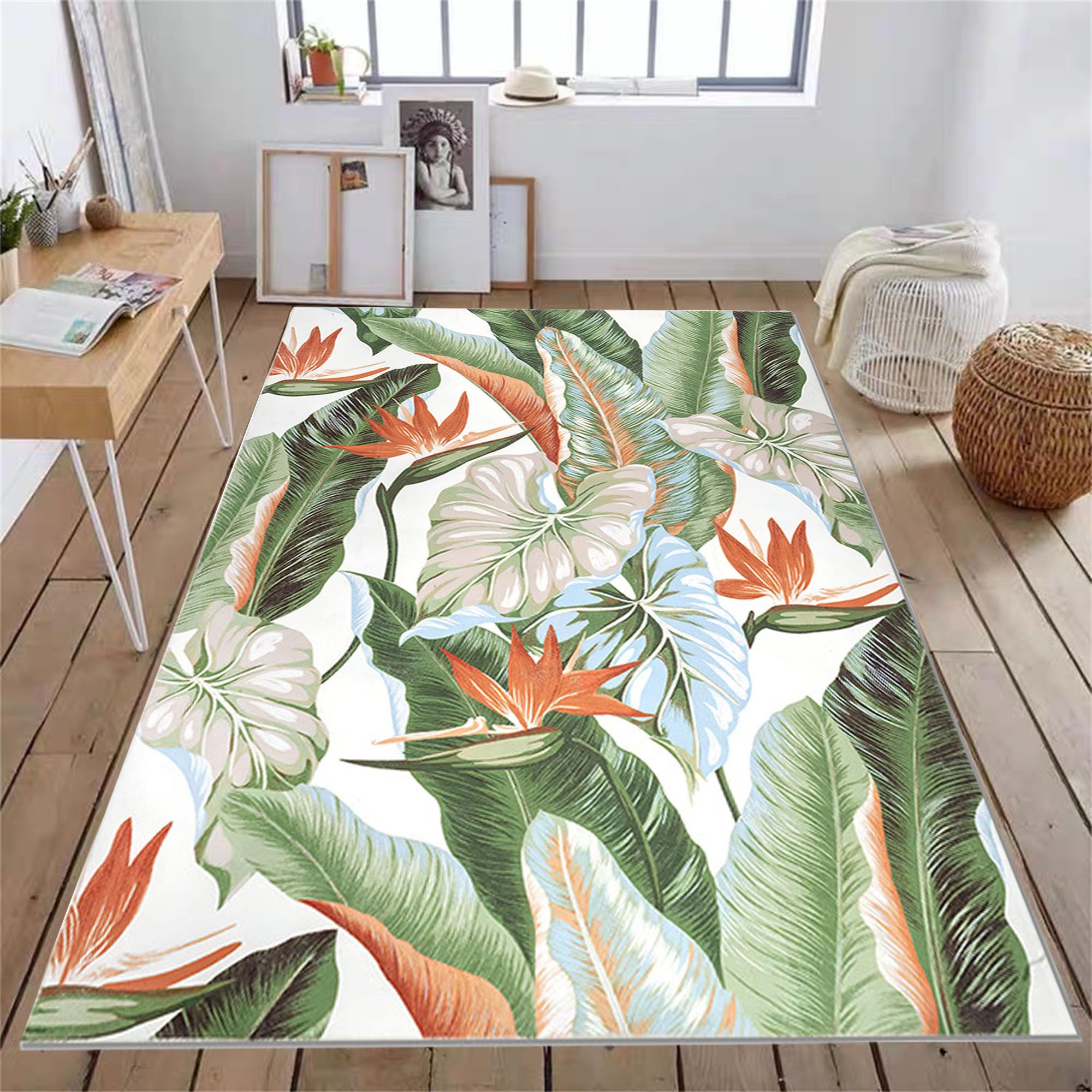 Apioiqa Banana Leaf 4x6 Washable Rug,Tropical Palm Tree Leaf Jungle Non Slip Area Rug 4' x 6' for Living Dinning Room Bedroom Kitchen Hallway Office