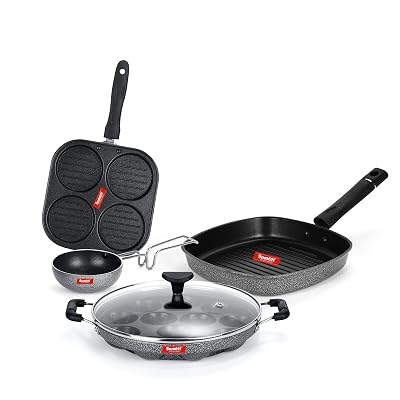 Sumeet NonStick Must Cookware Set (Mini Multi Snack Maker - 4 Cavity -19.5cm + Grill Appam Patra with Glass Lid - 12 Cav