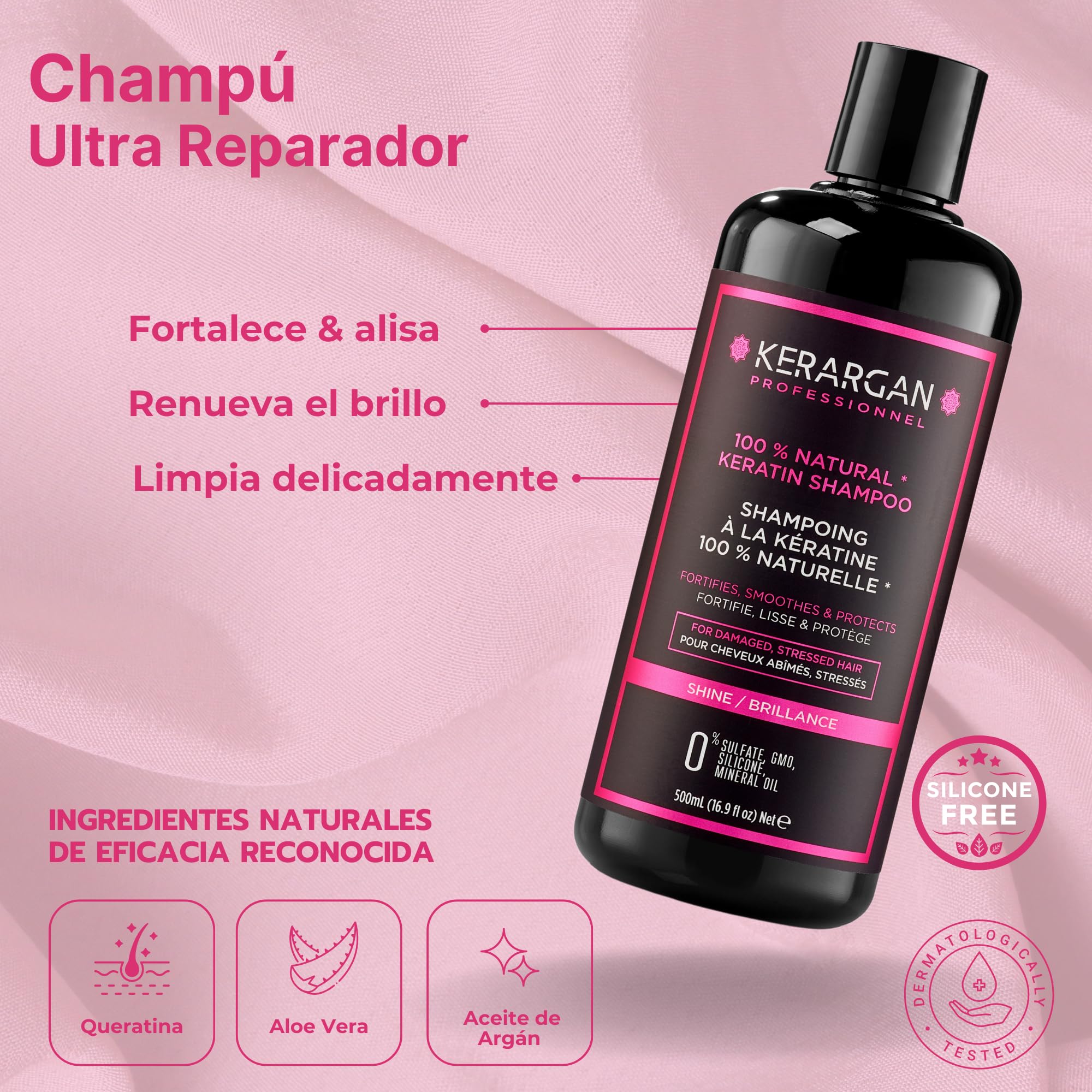 Kerargan - Kit Completo Ultra Reparador con Queratina Para Cabello Dañado y Estresado - Fortalece, Protege - Sin Sulfatos, Parabenos, Siliconas - 3x500ml + 100ml + 350ml + 250ml