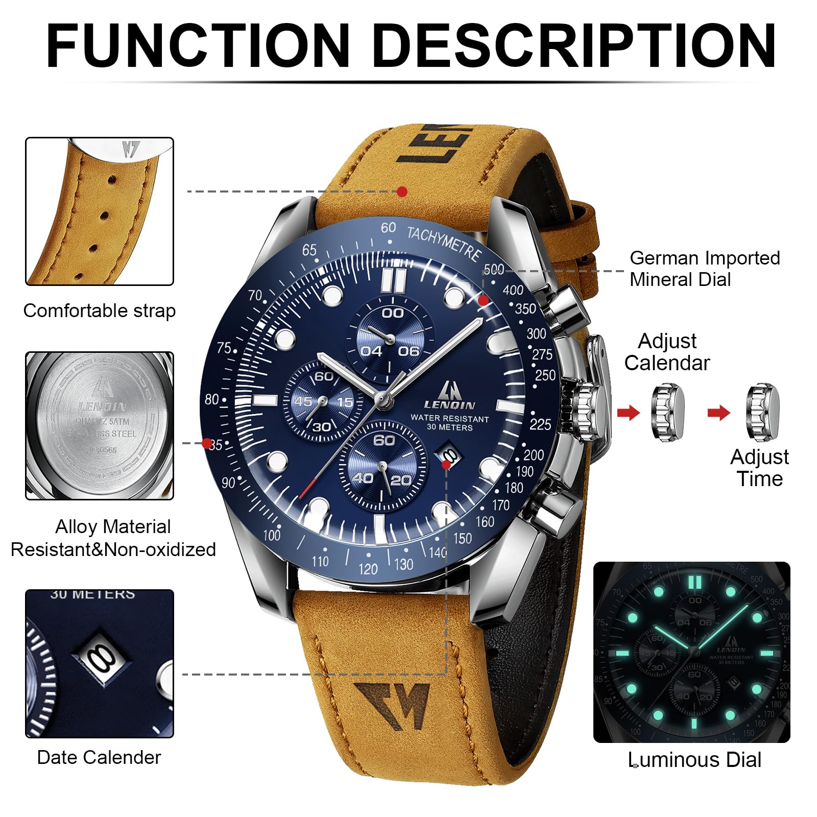 LN LENQIN Mens Watches Leather Watch Analog Quartz Watch for Men Luminous Luxury Fashion Business Casual 30M Waterproof Men's Wrist Watches with Date