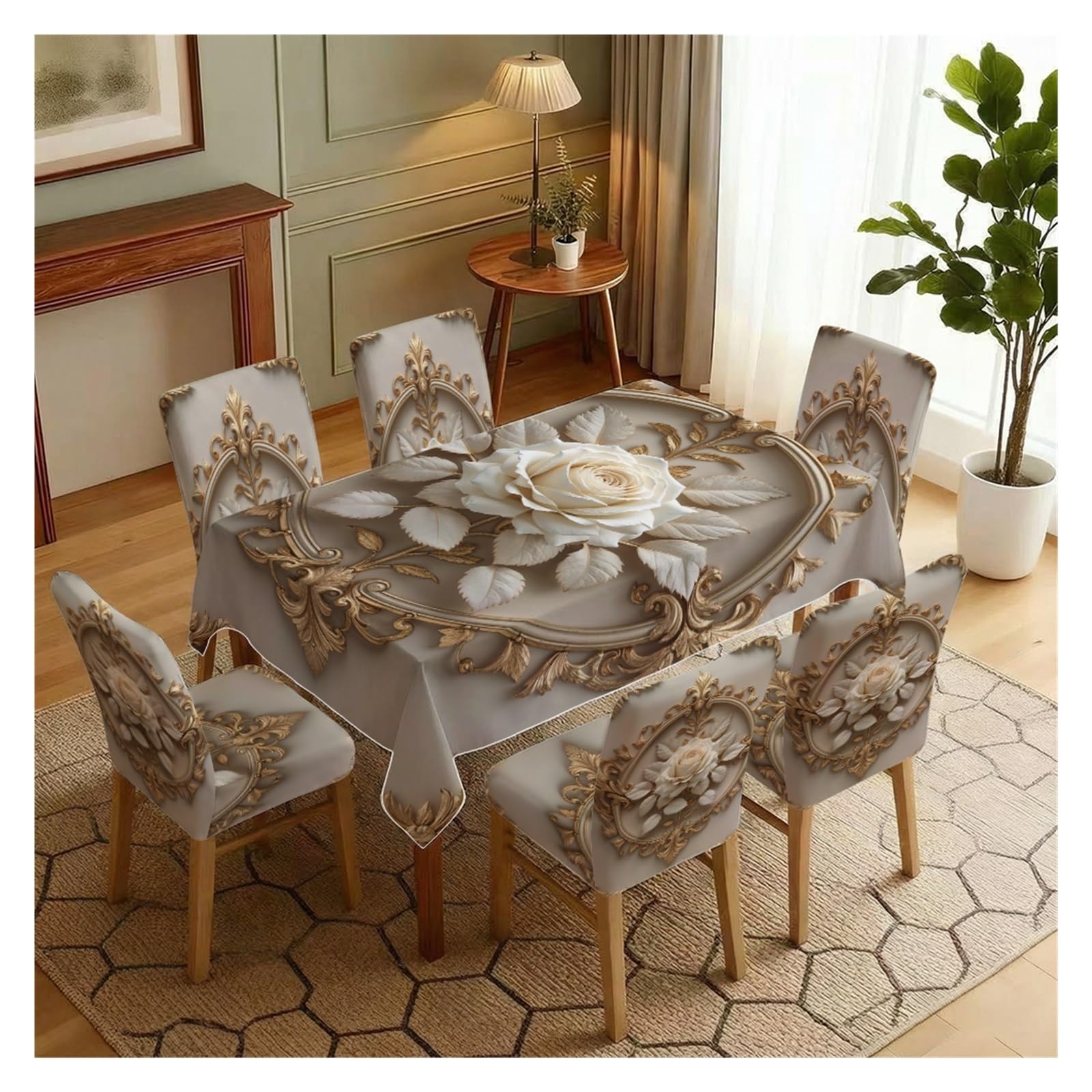 Nappe et housses de chaise à imprimé rose blanche ensemble table 7 pièces pour déco fête