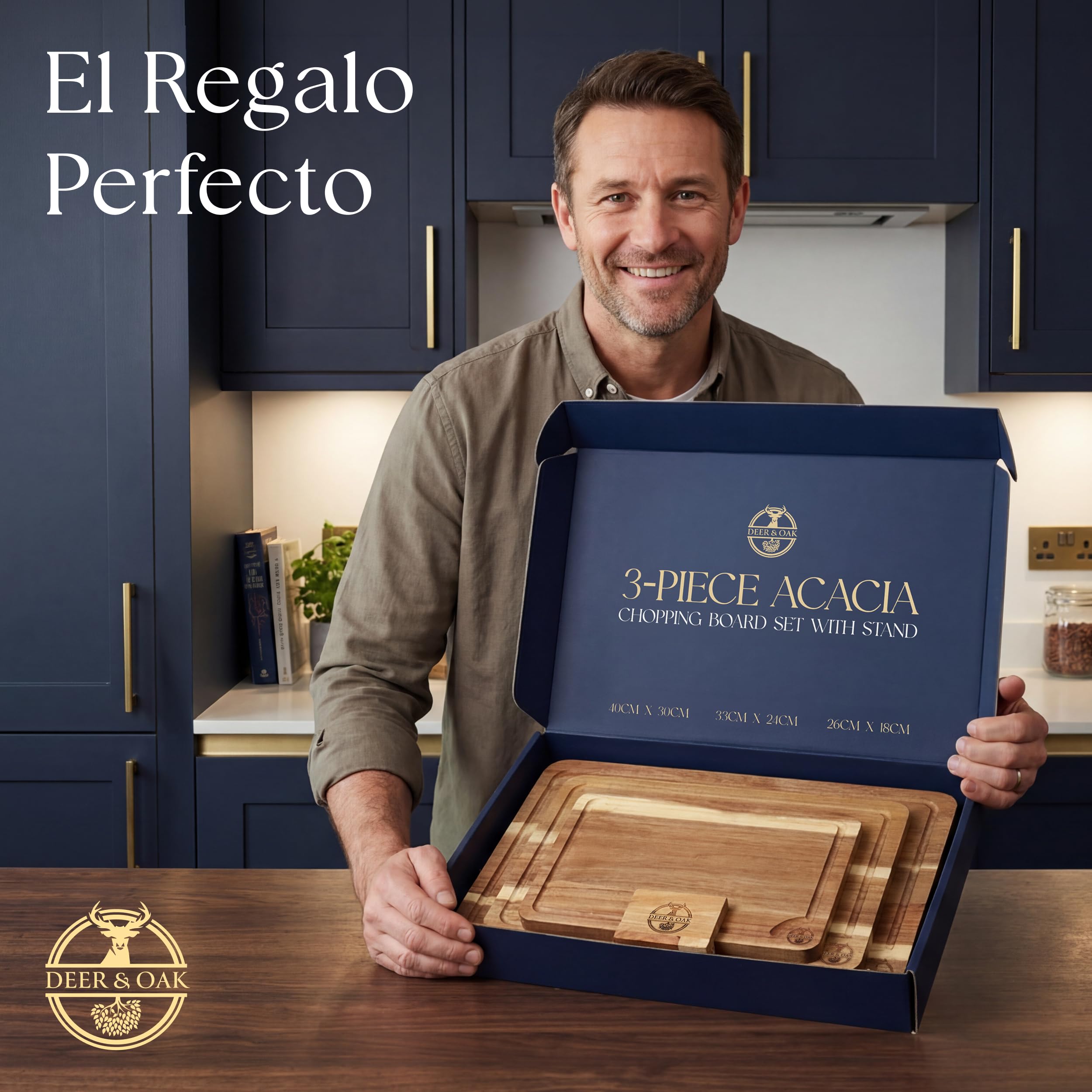 Juego de 3 tablas de cortar de acacia preengrasadas y no tóxicas con soporte, tablas de cortar de madera con certificación FSC, incluye aceite para tabla de cortar de 100 ml, 3 tablas de tallado de