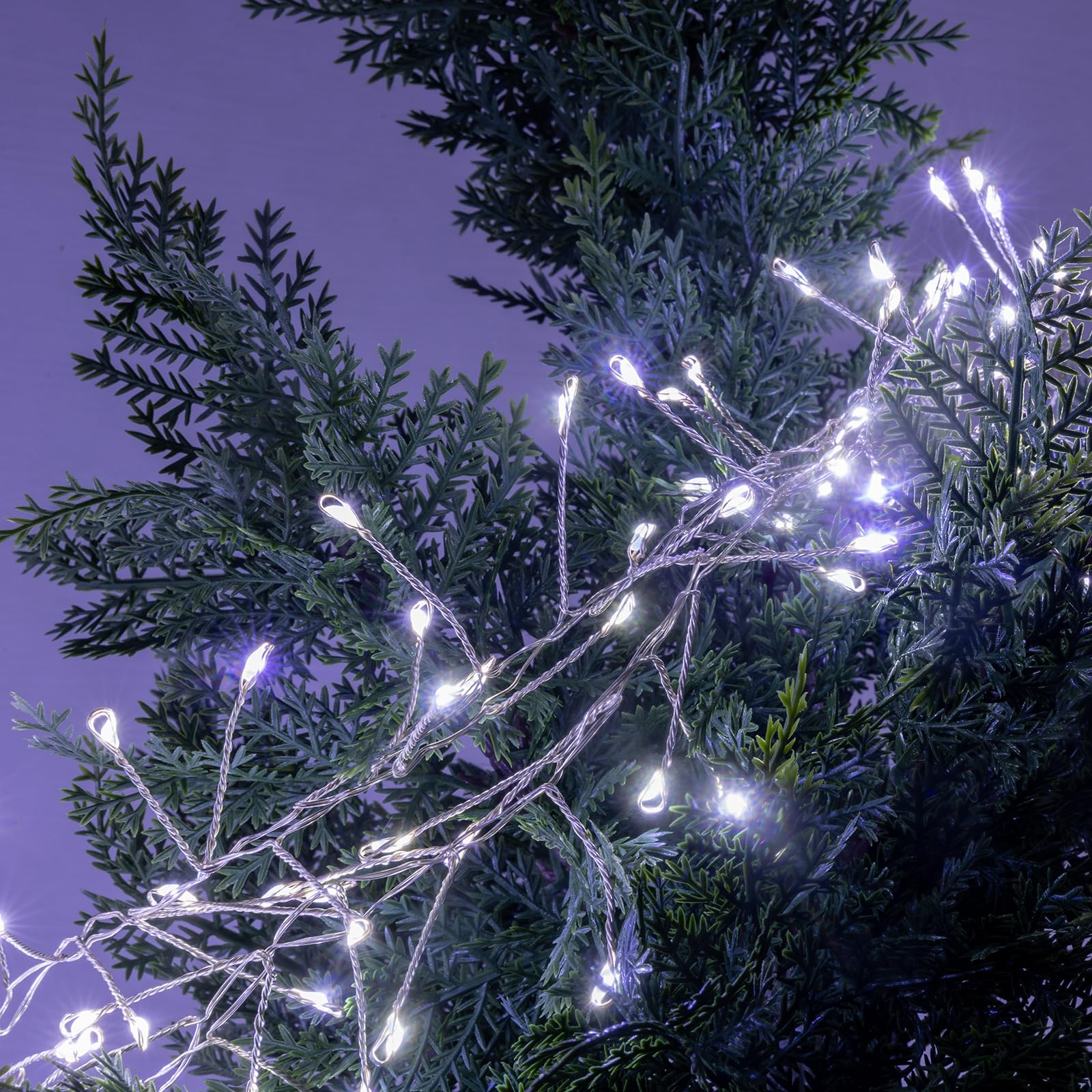 Luccika Guirlande Lumineuse de Noël en Métal, Micro-LED Cluster, 8 Modes d'Éclairage, Décoration Intérieure Extérieure pour Sapin de Noël (Câble argenté blanc glacé, 10M 1000LED)