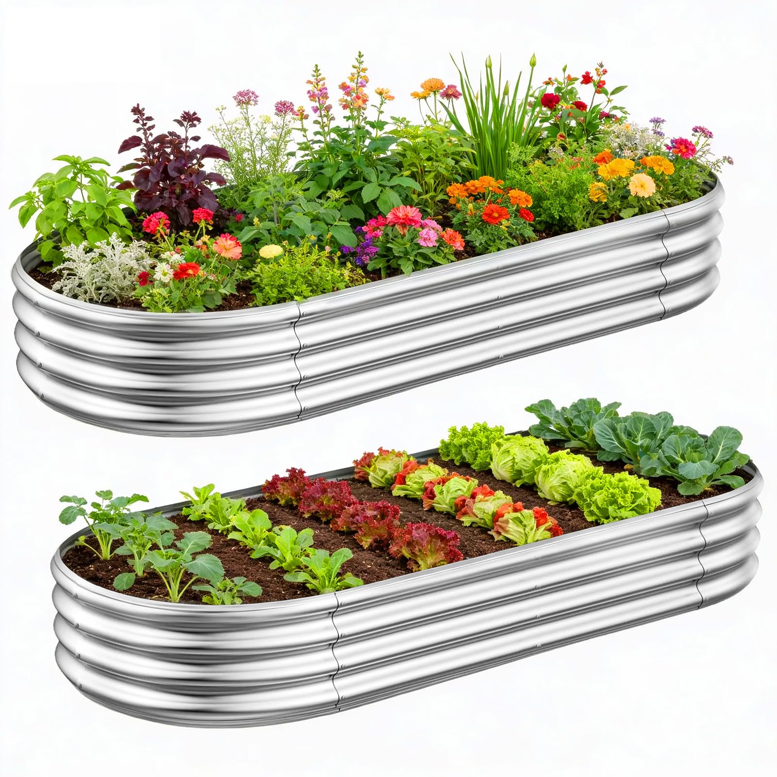 2-Pack 7x3x1ft Large Metal Raised Garden Bed, Galvanized Outdoor Planter Box for Vegetables Flowers and Herbs, Heavy Duty Rectangular Raised Planter Bed Kit for Backyard Garden, Silver