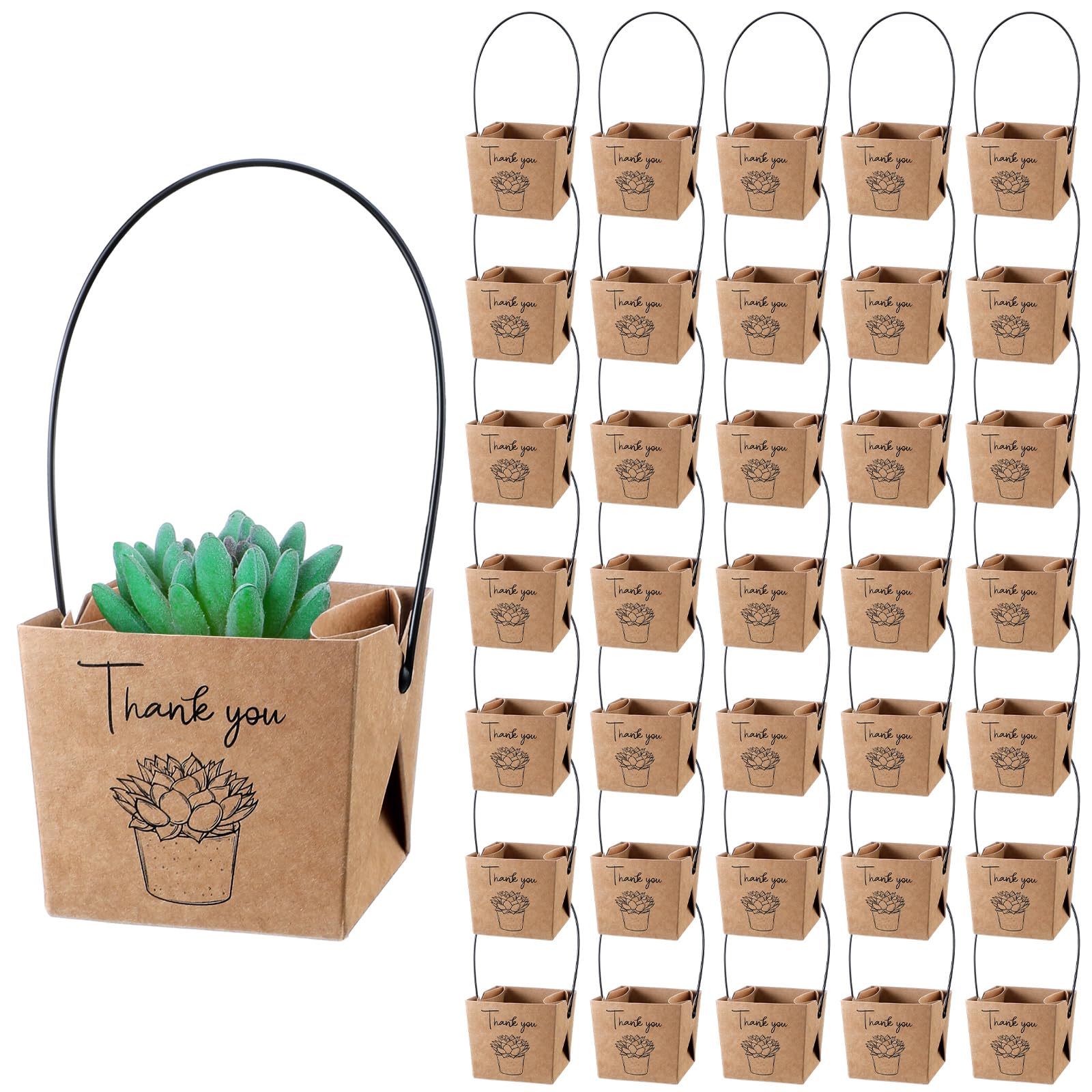 Kosiz 100 Pcs Thank You Succulents Wraps with Plastic Handles 3.2 x 3.2 x 3.2 Inch Succulent Gift Wraps Bags Succulent Party Favors Kraft Paper Succulent Gift Box for Wedding Favors Baby Shower