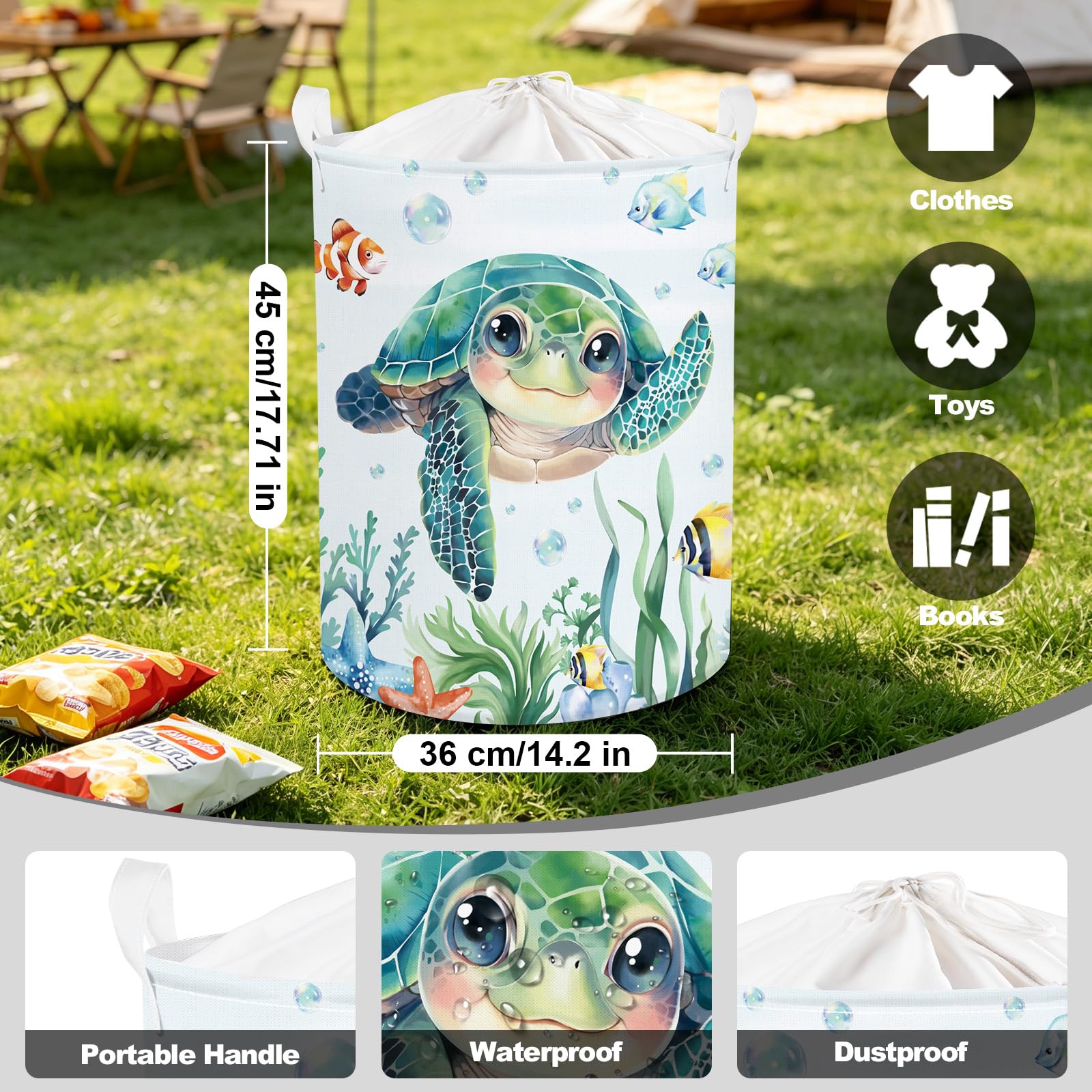Clastyle Ceste Biancheria Bambini Mare Tartaruga Verde per Ragazzo Ragazza Cestino Portaoggetti Giocattoli Pieghevole Vestiti Giocattolo con Manici per Bagno Cameretta, Tartaruga marina, 36x45 cm