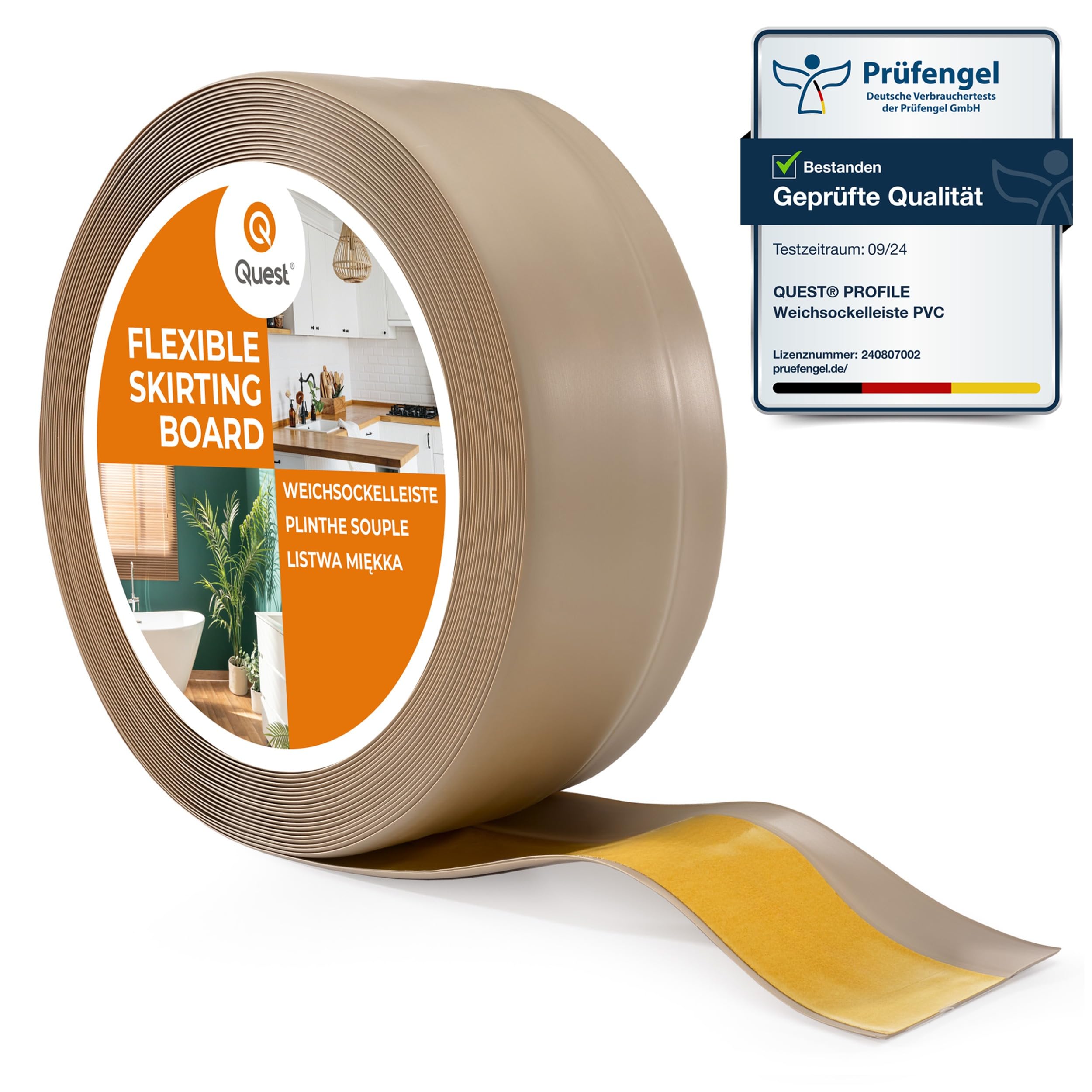 Quest Listwa przypodłogowa samoprzylepna PVC 50x20 mm – beżowy, 15 m | Miękki cokół podłogowy elastyczny, wykończenie styku ściany z podłogą, do domu i biura, montaż bez wiercenia, łatwe cięcie