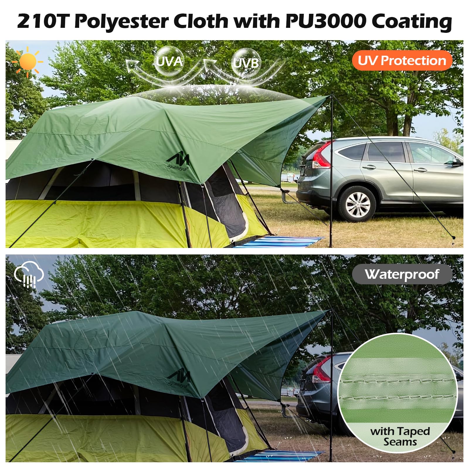 Tarp mit Stangen Zeltplane Wasserdicht, Tarp 3x4,5m Zeltplane Wasserdicht mit Ösen Camping Plane Sonnensegel Shelter für Camping Hängematte Wandern Picknick Reisen Outdoor Aktivitäten Terrassen