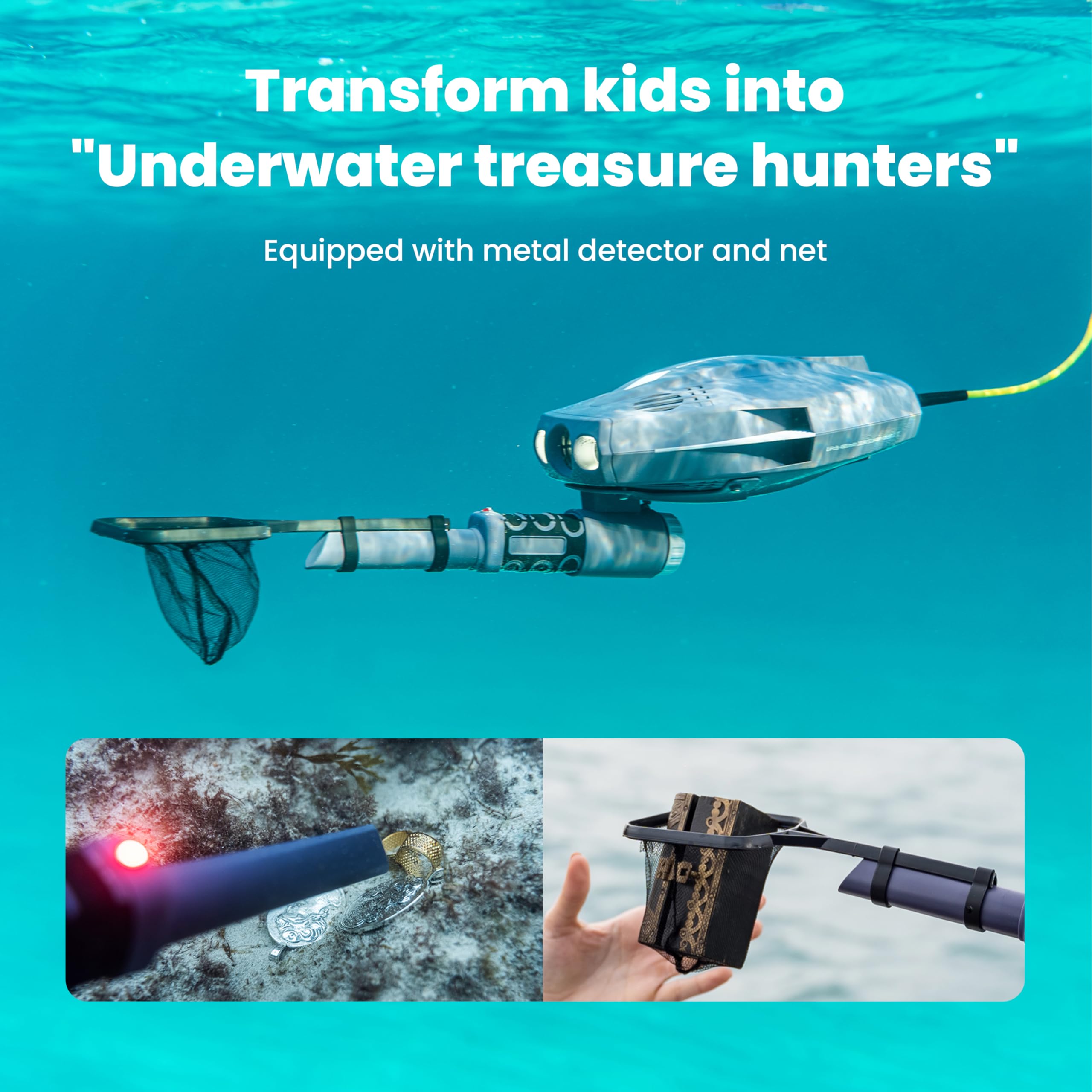 DORY EXPLORE treasure-hunting photography and videography underwater drone, metal detector & net bag, Bluetooth RC, uncovers the secrets of the ocean and experience underwater Adventure