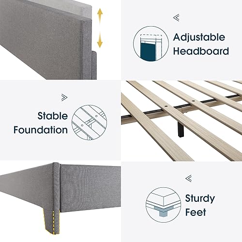 Miniatura 5 de WEEWAY Base de cama tamaño King tapizada con cabecero de lino ajustable y listones de madera fuertes, base de colchón resistente, no necesita