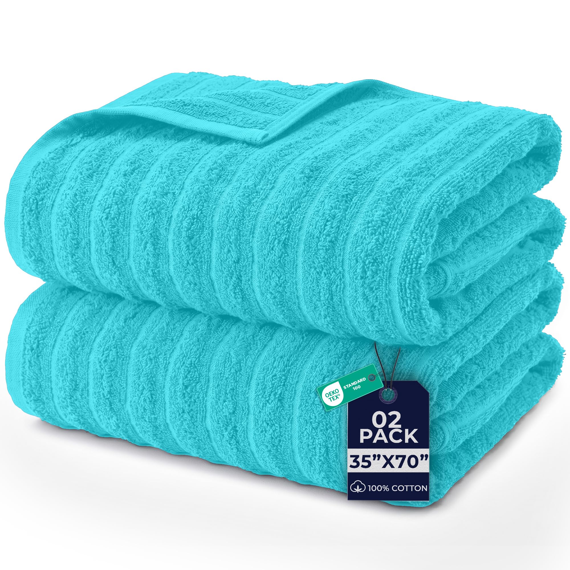 DAN RIVER Ribbed Extra Large Bath Sheets Pack of 2, 35 x 70 Inches, Aqua