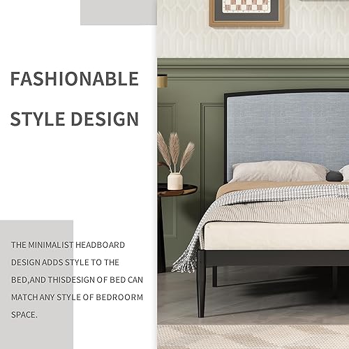 Miniatura 4 de YUHUASHI Base de cama de metal con plataforma, diseño simple, cabecera curvada cubierta de lino, marco y pie de metal, fácil de montar y silencioso