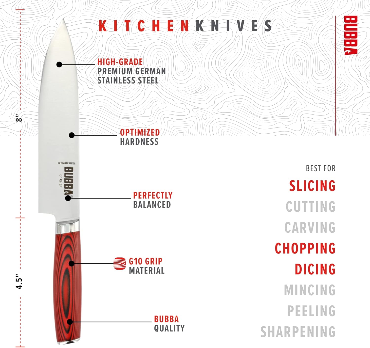 BUBBA Kitchen Series 8" Chef Knife, an all-purpose kitchen knife for Chopping, Mincing, Slicing and Dicing with a premium German Steel Blade for all your kitchen needs